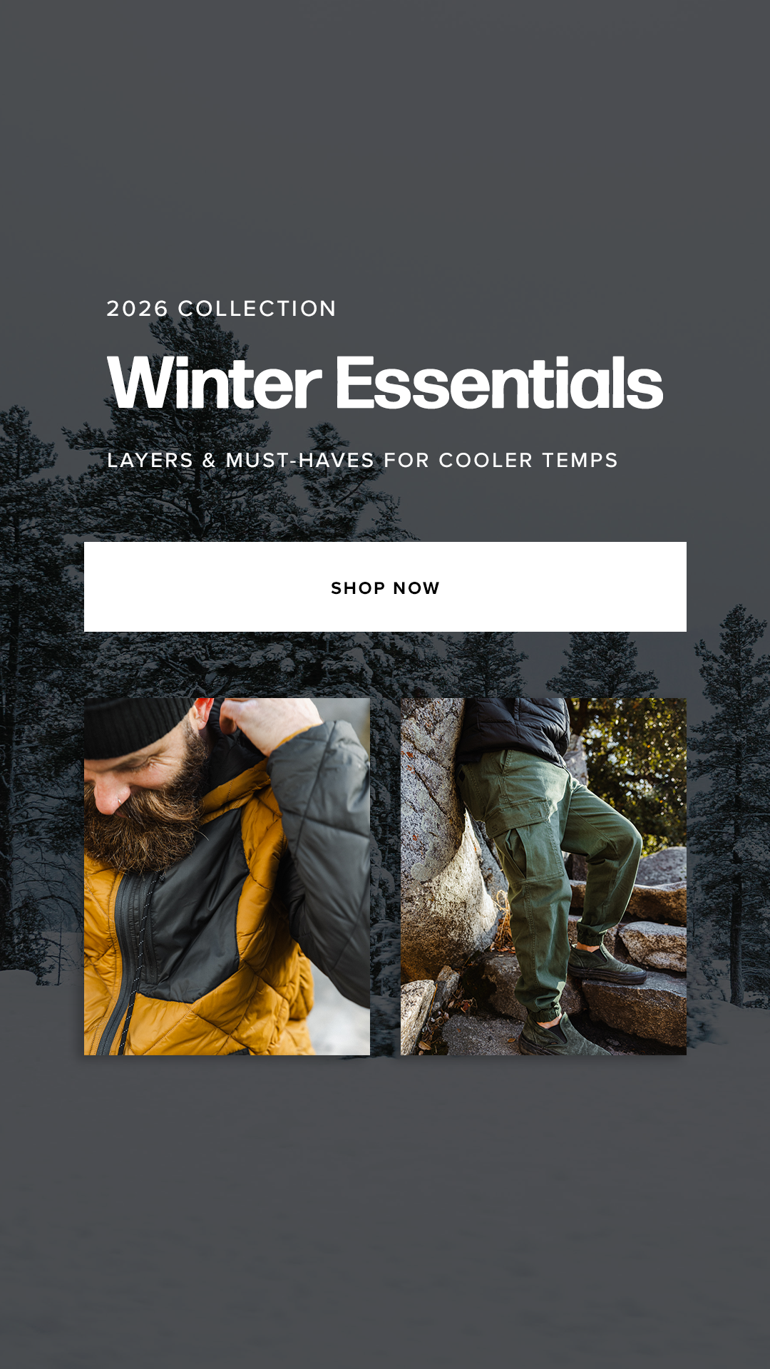 2026 Winter Essentials Collection. Layers & Must-Haves for cooler temps. Man in Backyard Quilted Jacket Cider and Stretch Cargo Jogger in Dark Pine.