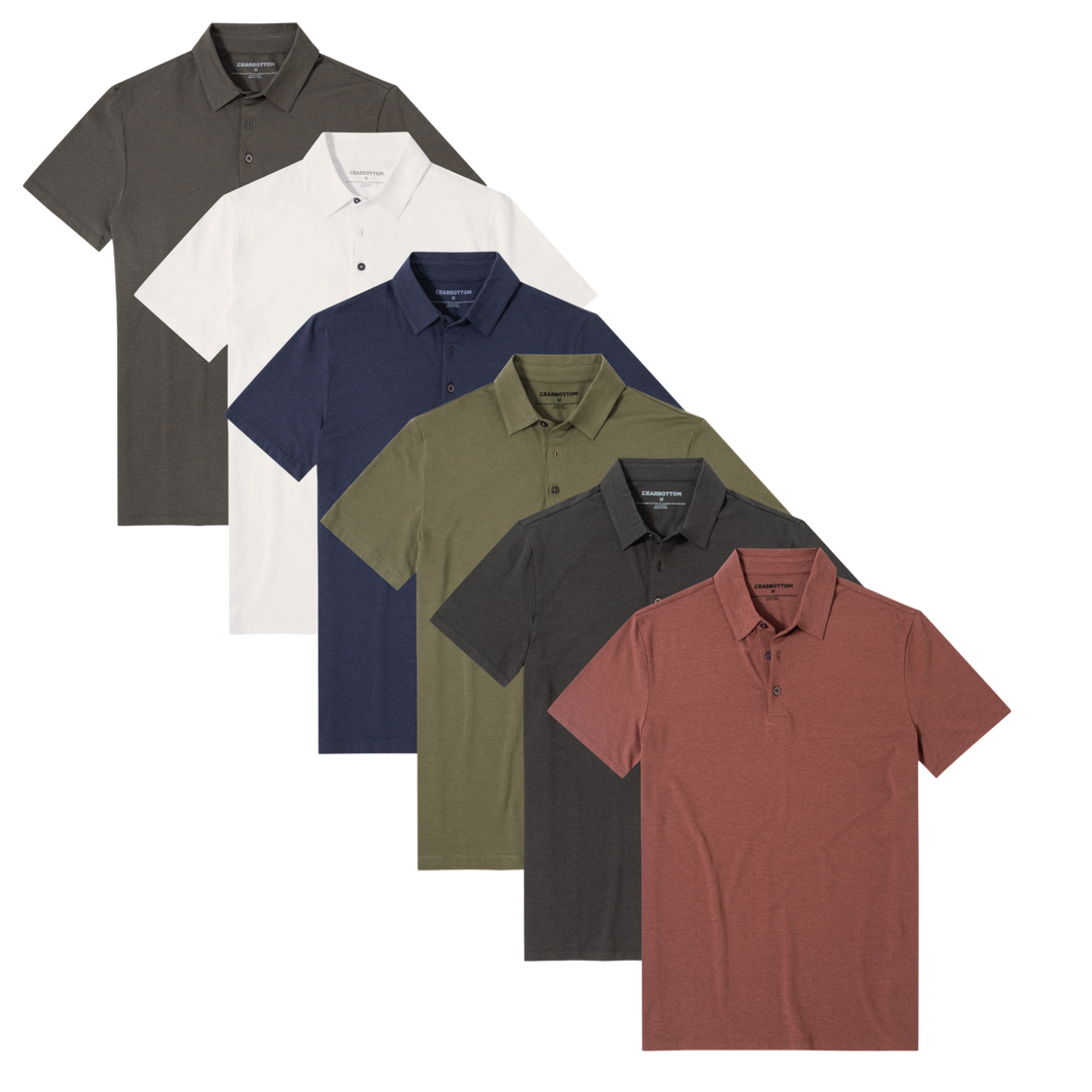 Bamboo polo bundle in fern, deep mauve, navy, shadow, and white