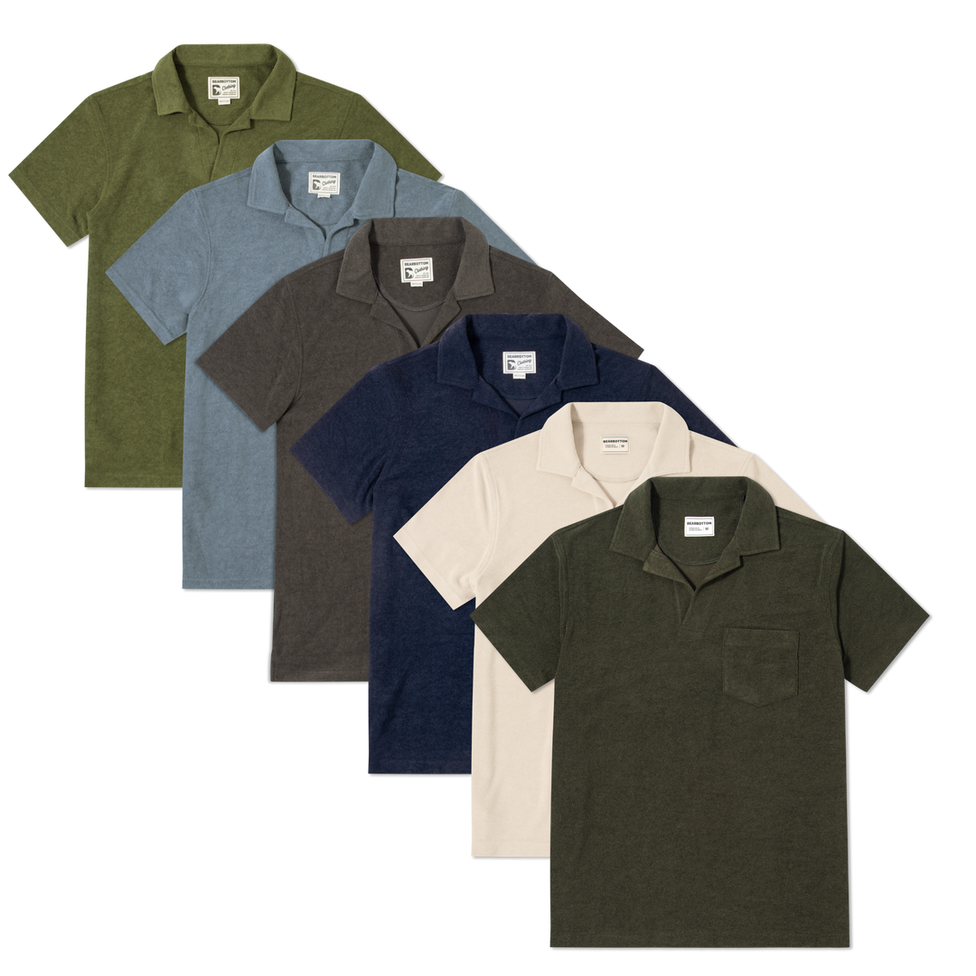 Coastal Terry Polo Bundle in olive, denim, dark grey, navy, bone and dark pine