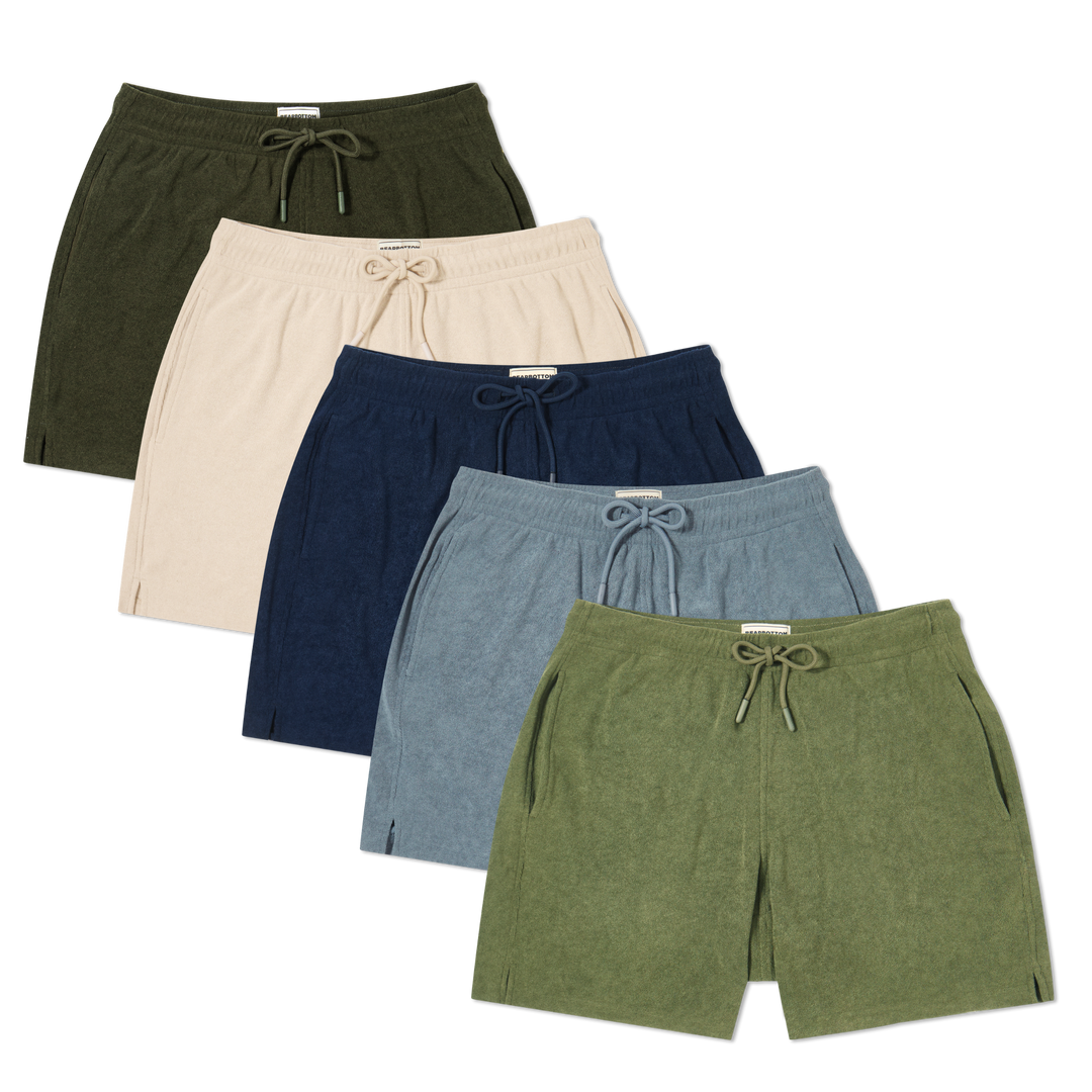 coastal terry short bundle in dark pine, bone, navy, denim, and olive