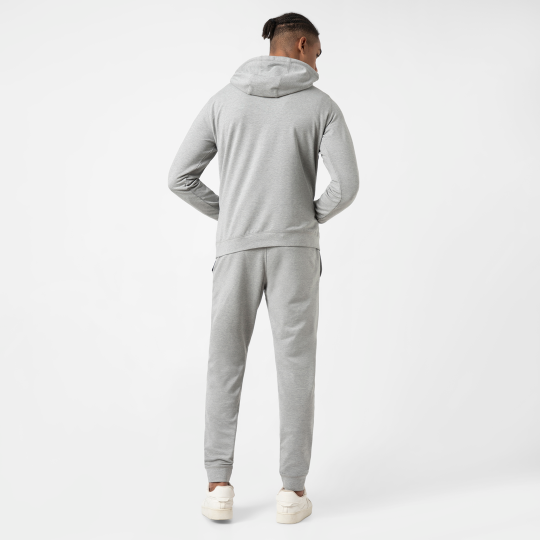 Lounge Jogger Heather Grey full body back on model with Lounge Hoodie Heather Grey