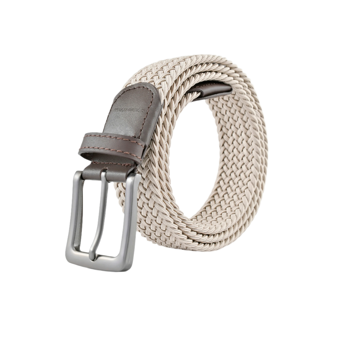 Stretch Woven Belt Beige with Genuine Leather Trim and Debossed Logo