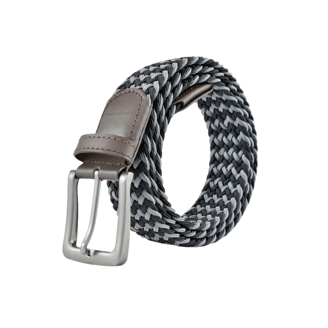 Stretch Woven Belt Black and Grey with Genuine Leather Trim and Debossed Logo