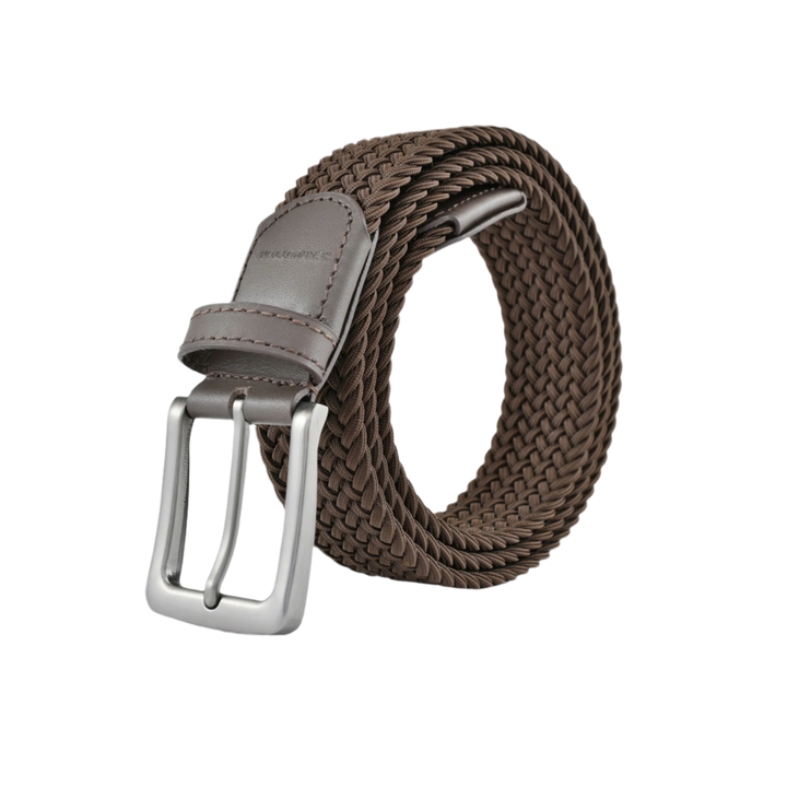 Stretch Woven Belt Brown with Genuine Leather Trim and Debossed Logo