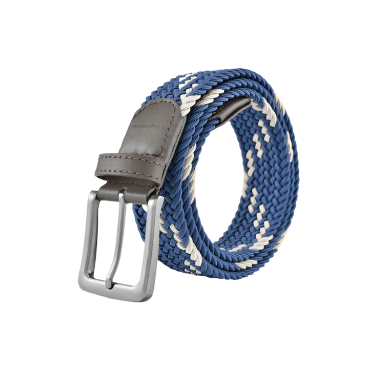 Stretch Woven Belt Navy and Beige with Genuine Leather Trim and Debossed Logo