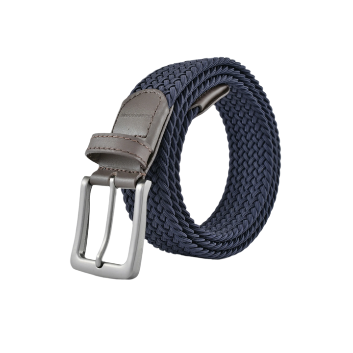 Stretch Woven Belt Navy with Genuine Leather Trim and Debossed Logo