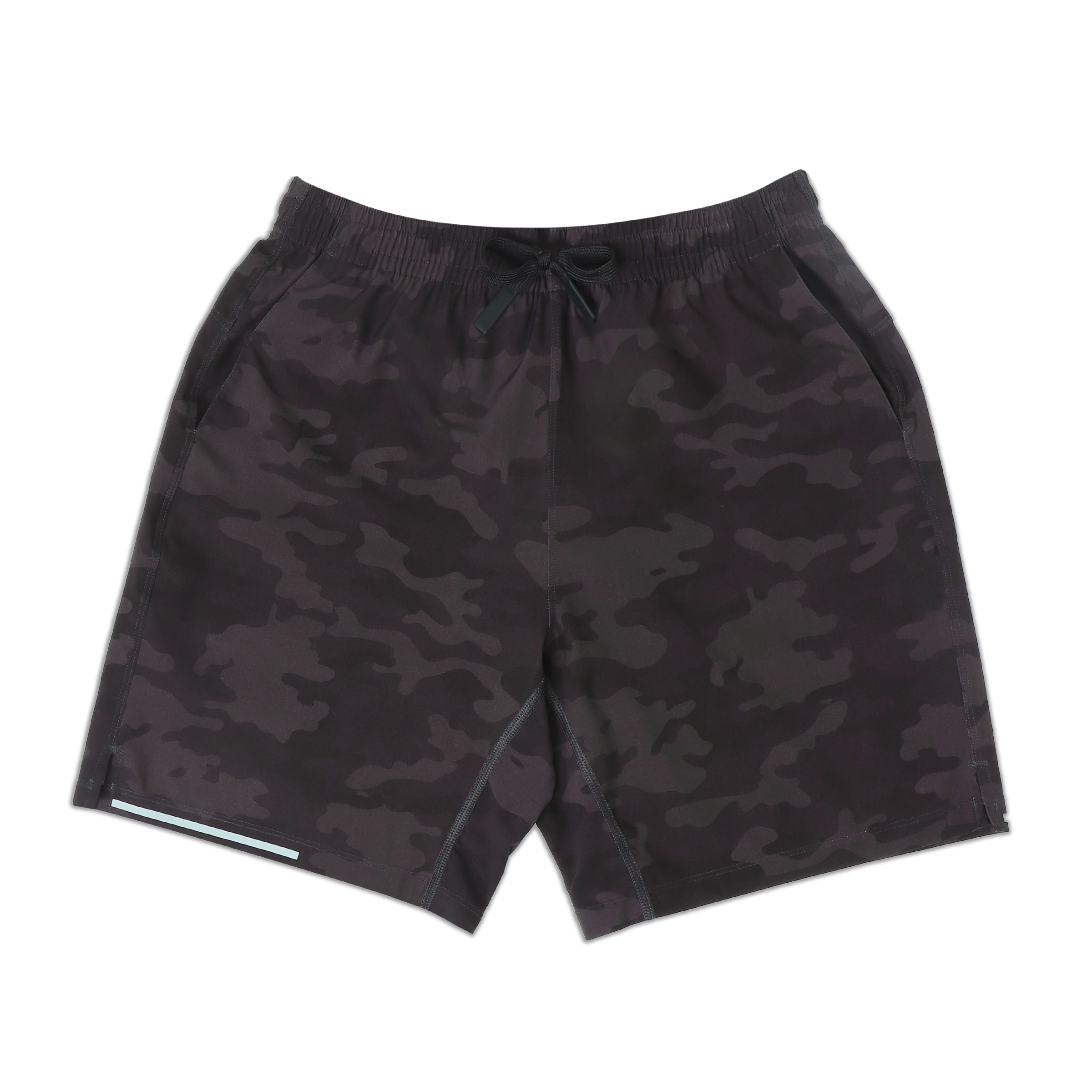 Run Short 5.5" Camo Black front with elastic waistband, black drawstring with rubberized tips, two front pockets, split hem, and reflective line on bottom right hem