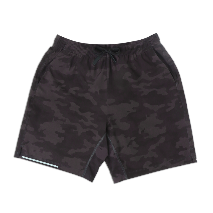 Run Short 5.5" Camo Black front with elastic waistband, black drawstring with rubberized tips, two front pockets, split hem, and reflective line on bottom right hem