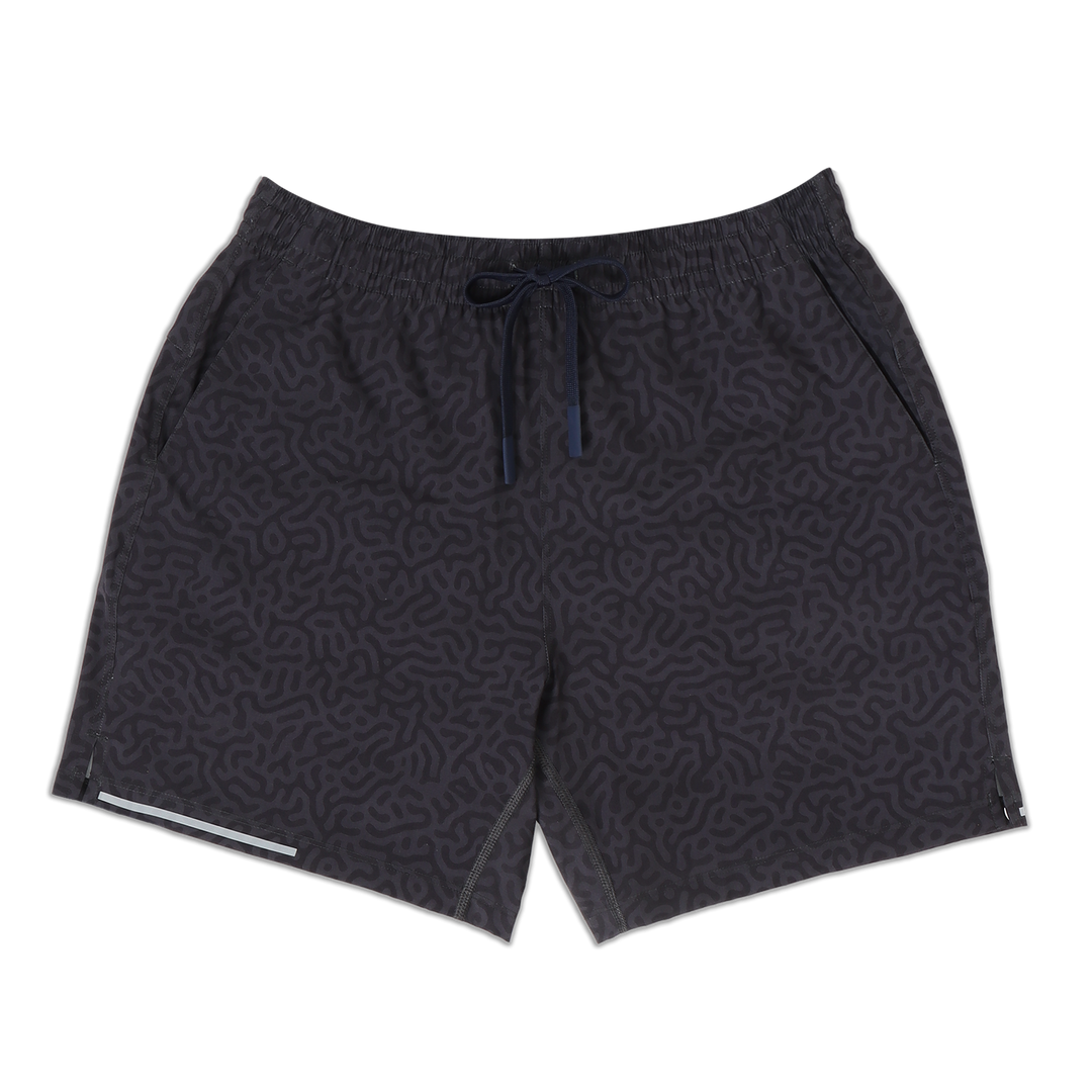 Run Short 5.5" Maze Navy front with elastic waistband, dyed-to-match drawstring with rubberized tips, two front pockets, split hem, and reflective line on bottom right hem#color_maze-navy