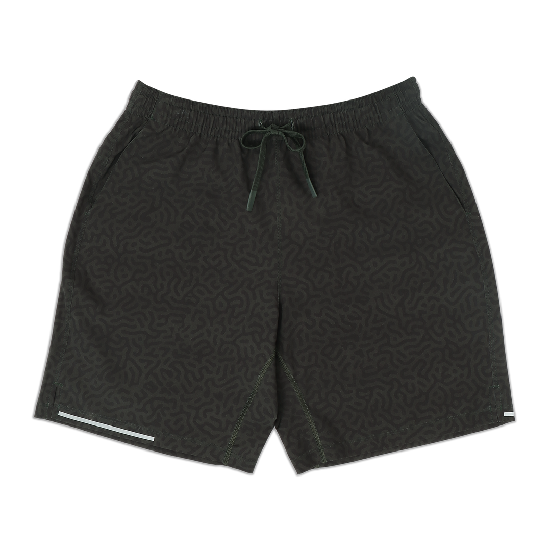 Run Short 5.5" Maze Green front with elastic waistband, dyed-to-match drawstring with rubberized tips, two front pockets, split hem, and reflective line on bottom right hem