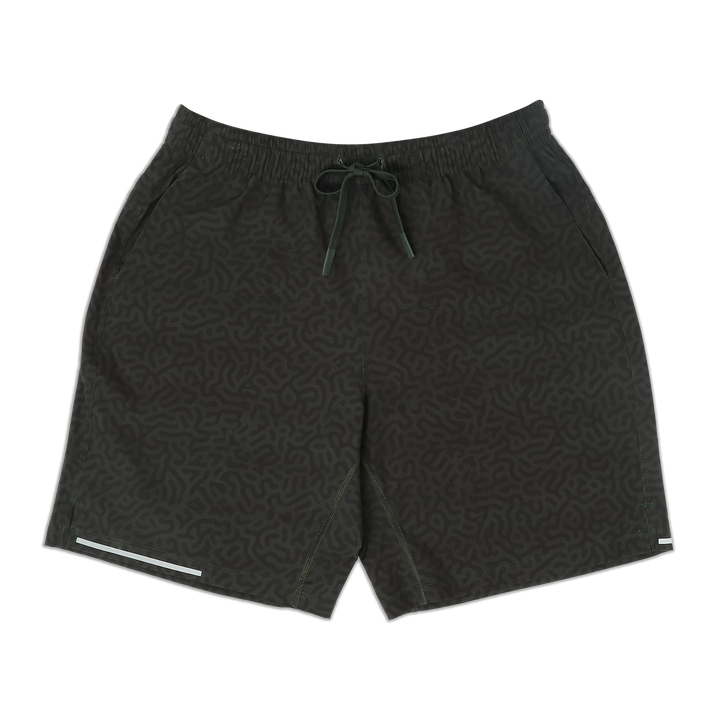 Run Short 5.5" Maze Green front with elastic waistband, dyed-to-match drawstring with rubberized tips, two front pockets, split hem, and reflective line on bottom right hem