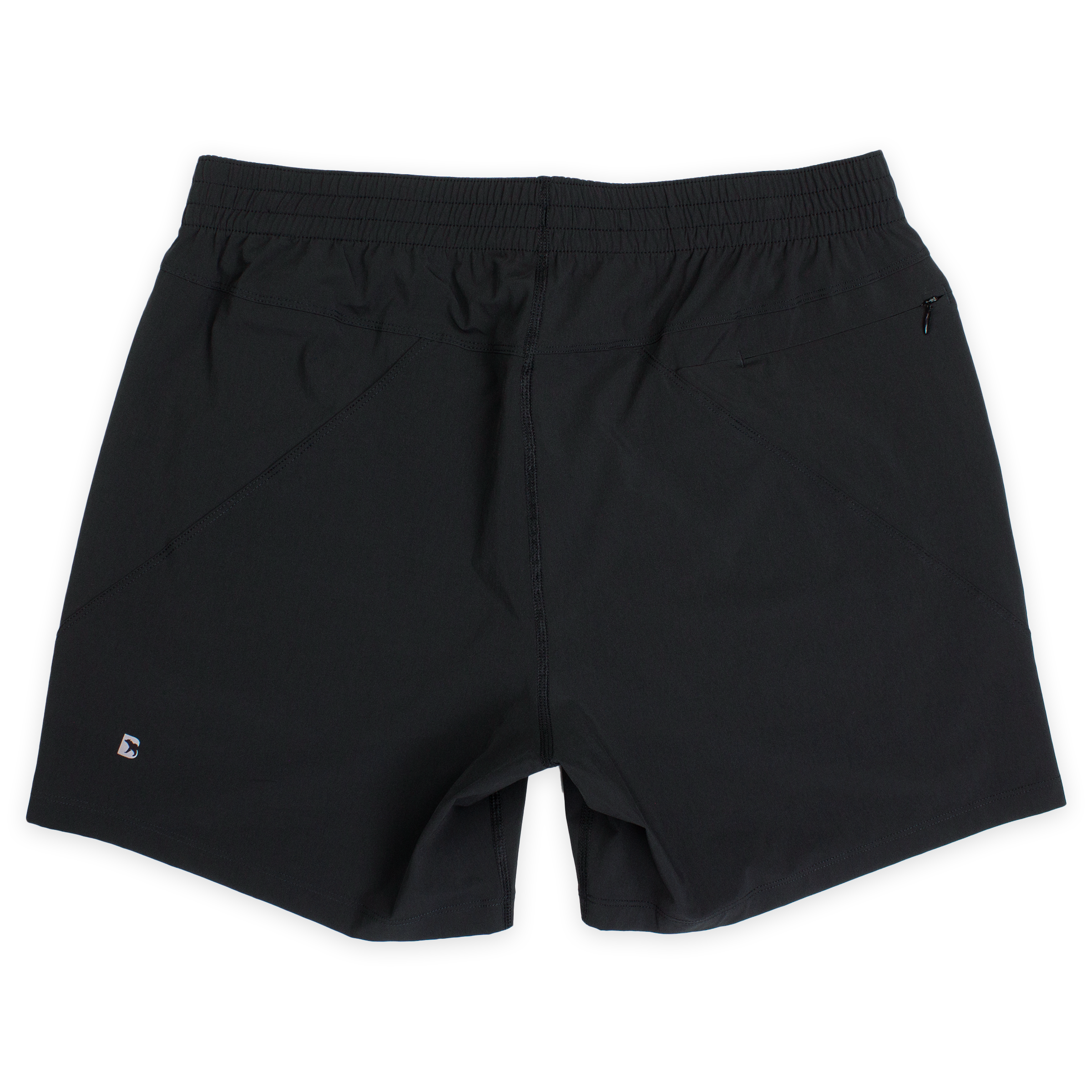 Atlas Short 5.5" Black Back with elastic waistband, back right zippered pocket, and small reflective logo of Bear drawn inside the letter B in bottom left corner