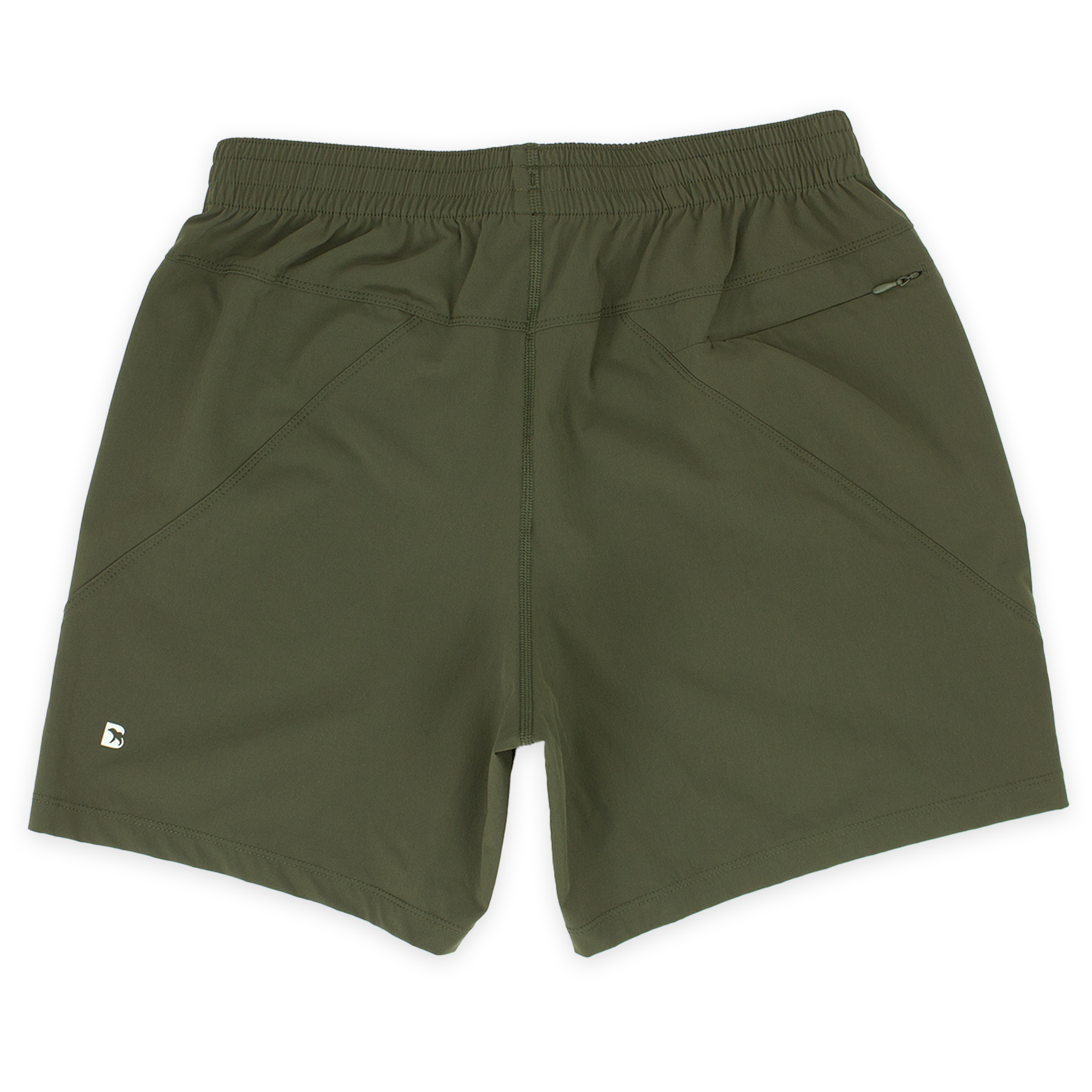 Atlas Short 5.5" Military Green Back with elastic waistband, back right zippered pocket, and small reflective logo of Bear drawn inside the letter B in bottom left corner