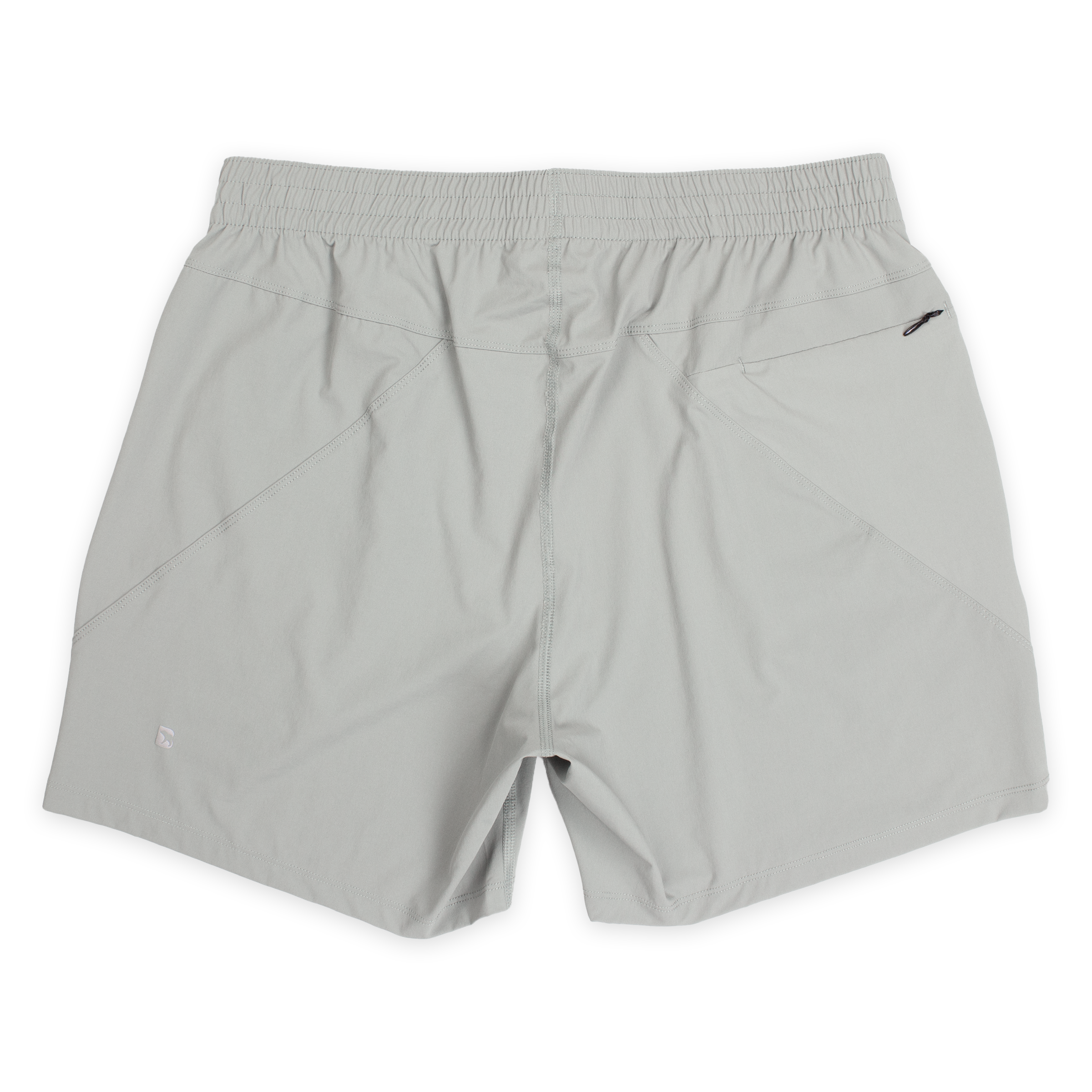 Atlas Short 5.5" Grey back with elastic waistband, back right zippered pocket, and small reflective logo of Bear drawn inside the letter B in bottom left corner