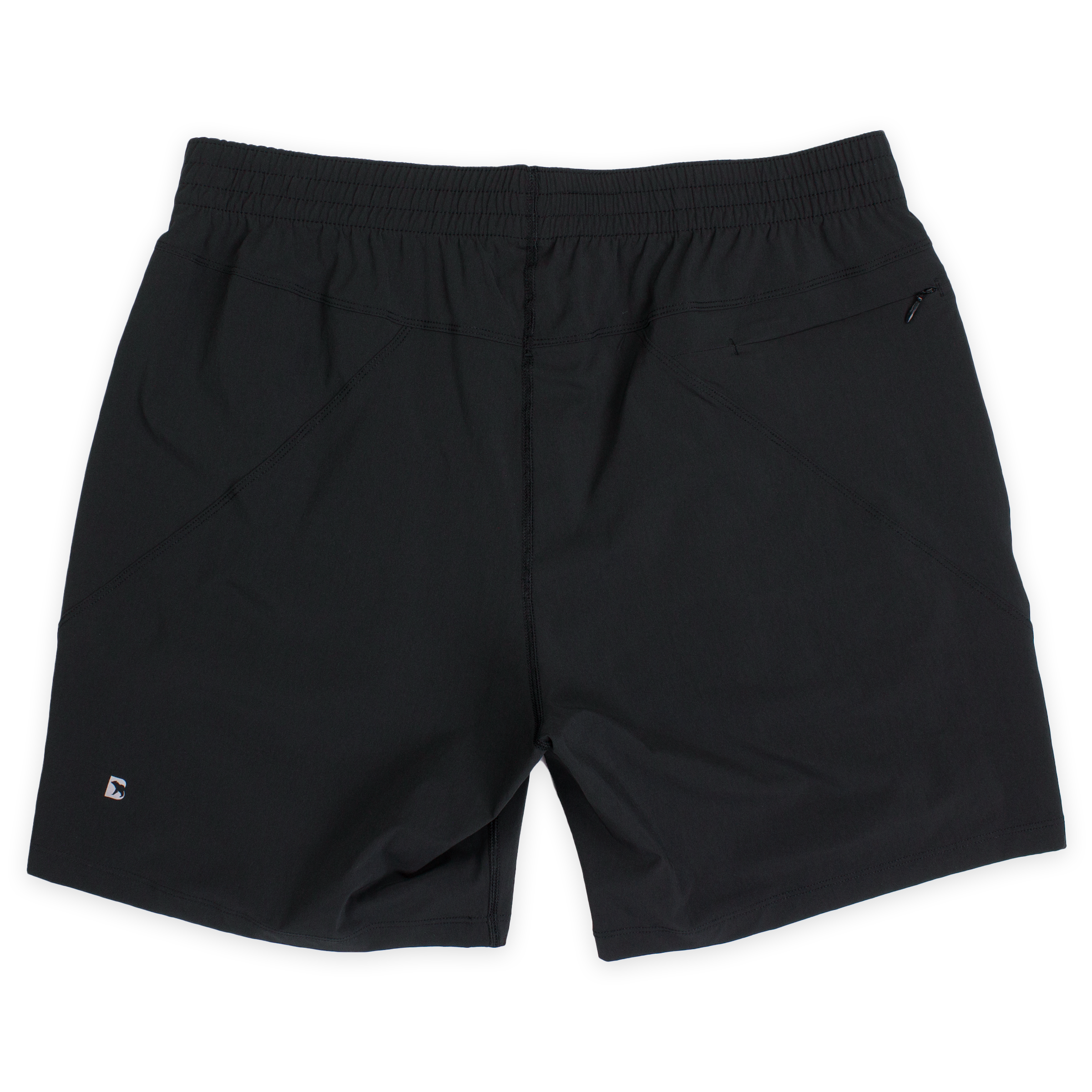 Atlas Short 7" Black Back with elastic waistband, back right zippered pocket, and small reflective logo of Bear drawn inside the letter B in bottom left corner
