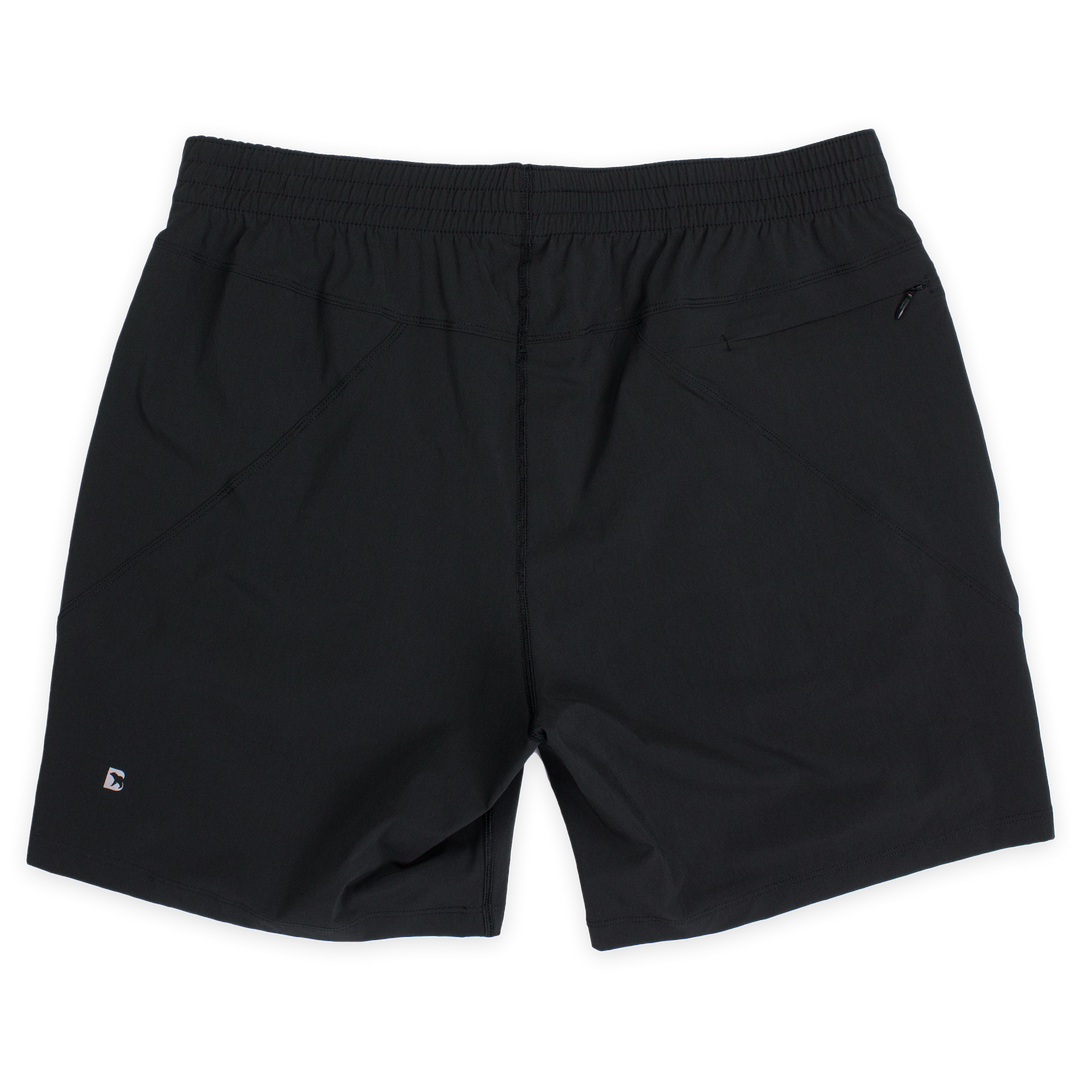 Atlas Short 7" Black Back with elastic waistband, back right zippered pocket, and small reflective logo of Bear drawn inside the letter B in bottom left corner