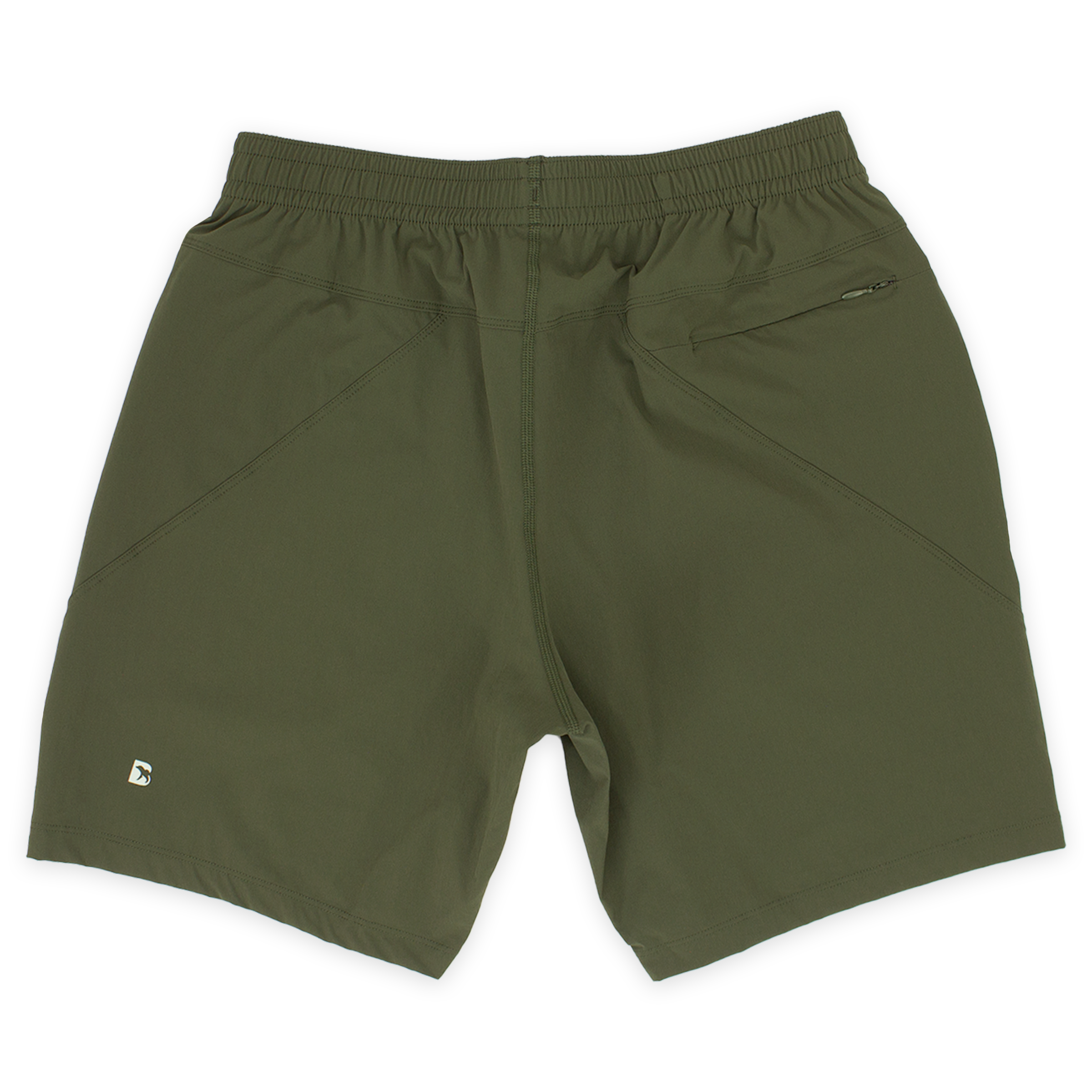 Atlas Short 7" Military Green Back with elastic waistband, back right zippered pocket, and small reflective logo of Bear drawn inside the letter B in bottom left corner