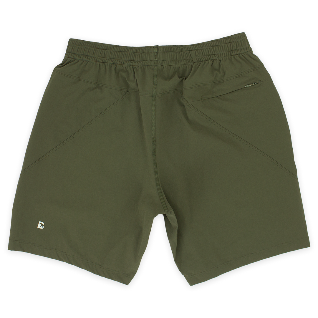 Atlas Short 7" Military Green Back with elastic waistband, back right zippered pocket, and small reflective logo of Bear drawn inside the letter B in bottom left corner