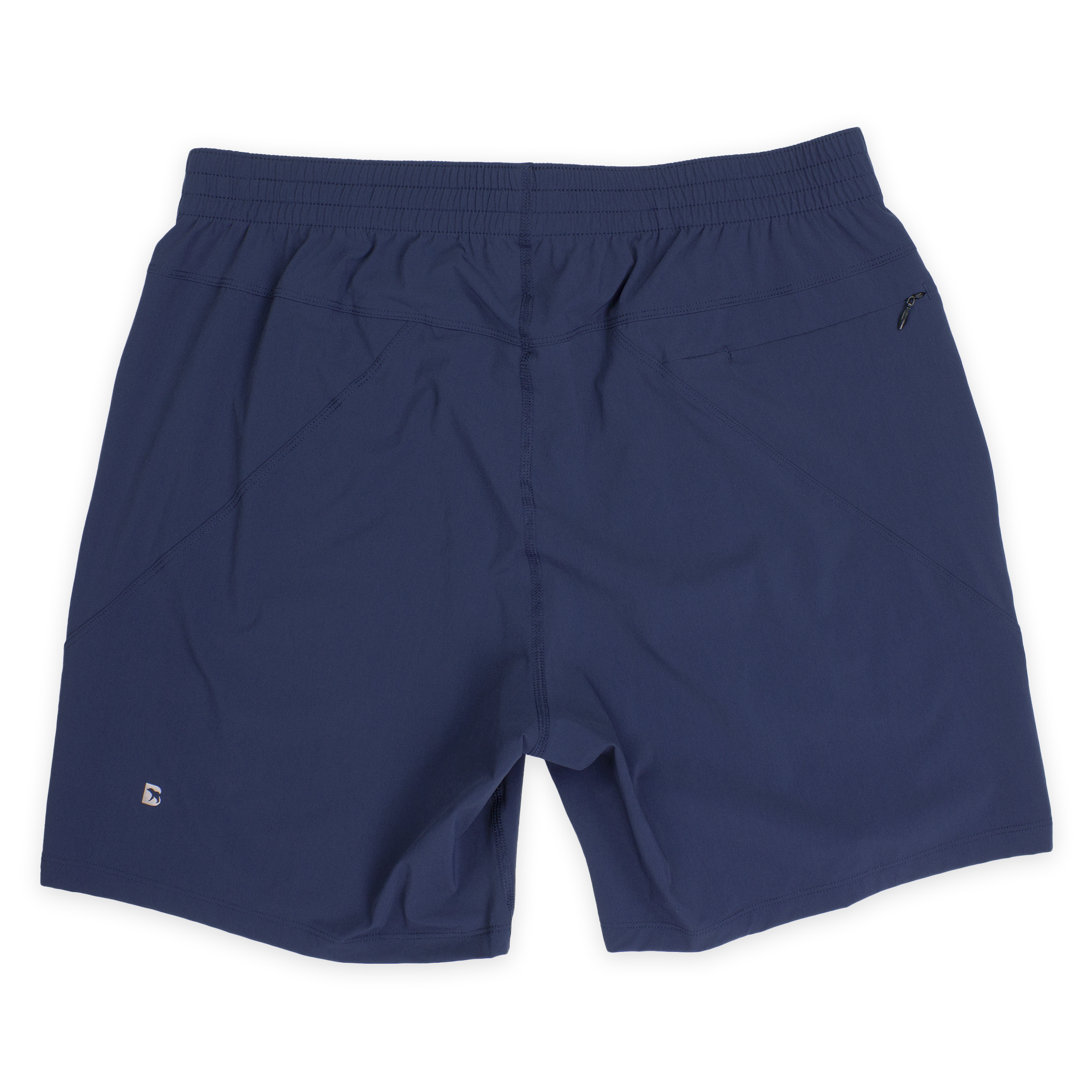 Atlas Short 7" Navy Back with elastic waistband, back right zippered pocket, and small reflective logo of Bear drawn inside the letter B in bottom left corner