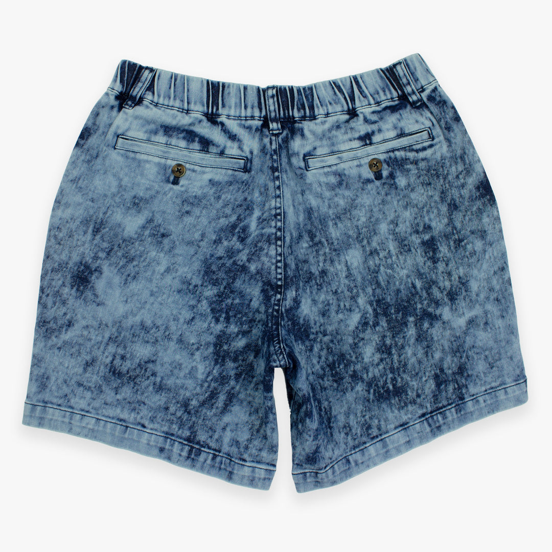 Stretch Denim Short Acid Wash 7" back with elastic waistband, belt loops, and two buttoned back pockets