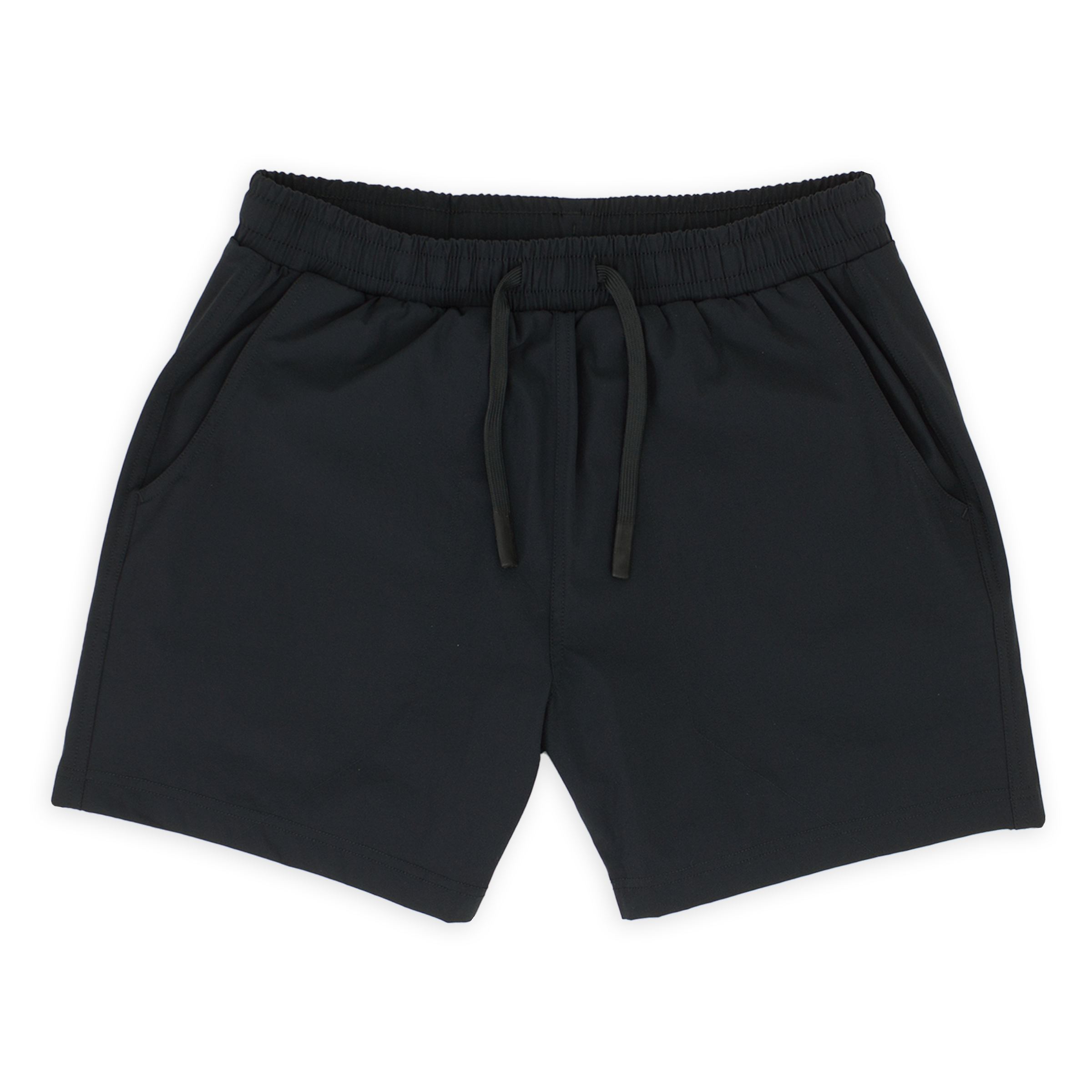 Base Short 5.5" Black front with elastic waistband, dyed-to-match flat drawstring with rubberized tips, and two seam pockets