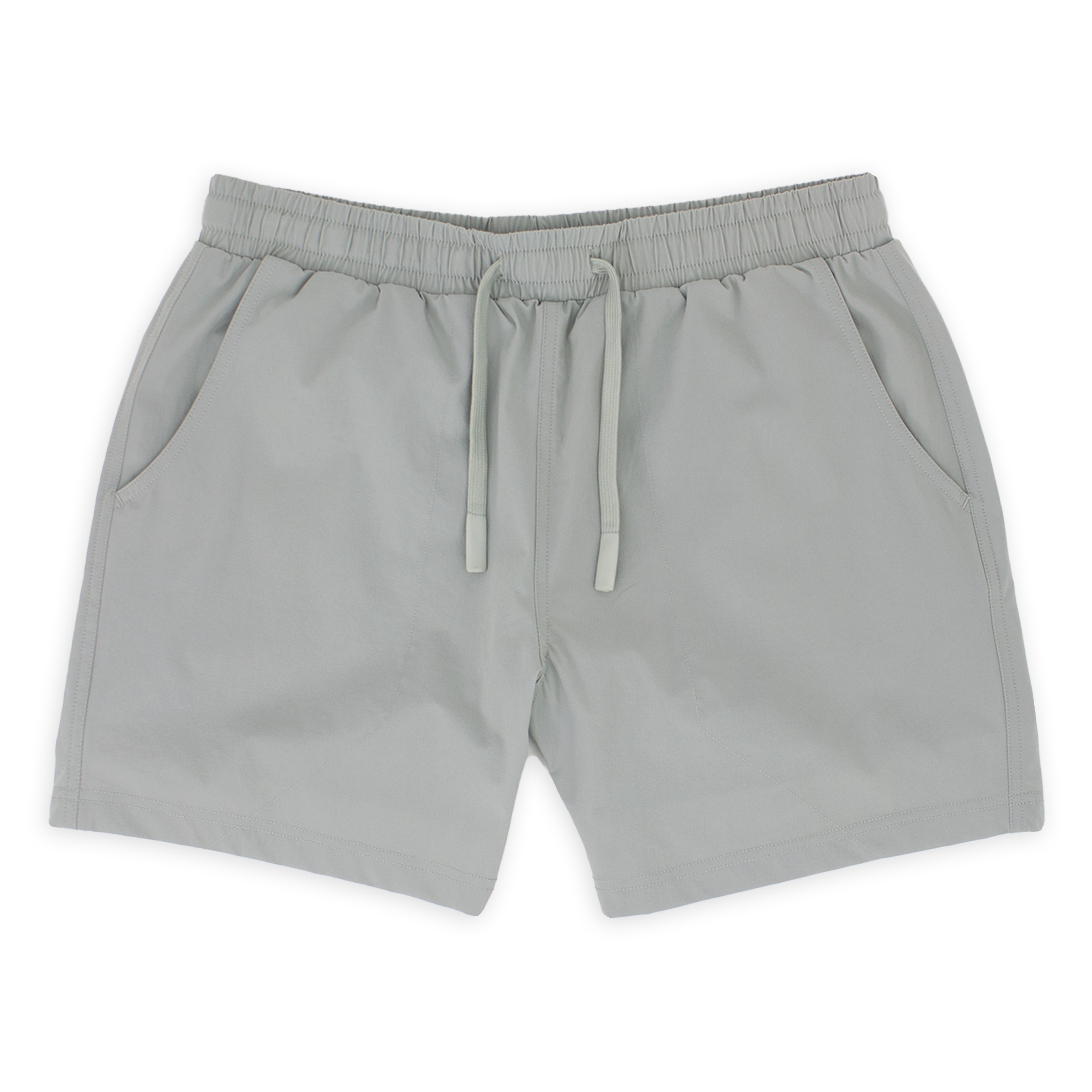 Base Short 5.5" Grey front with elastic waistband, dyed-to-match flat drawstring with rubberized tips, and two seam pockets