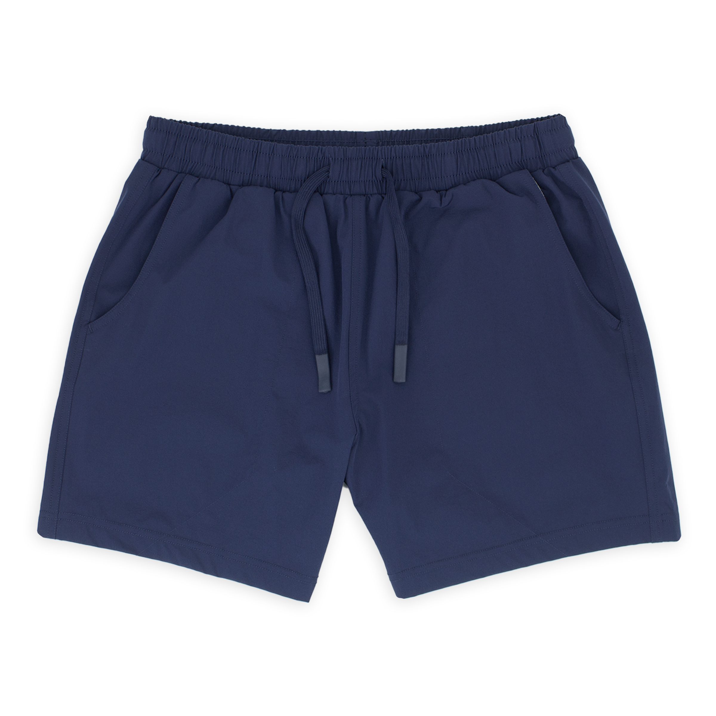 Base Short 5.5" Navy front with elastic waistband, dyed-to-match flat drawstring with rubberized tips, and two seam pockets