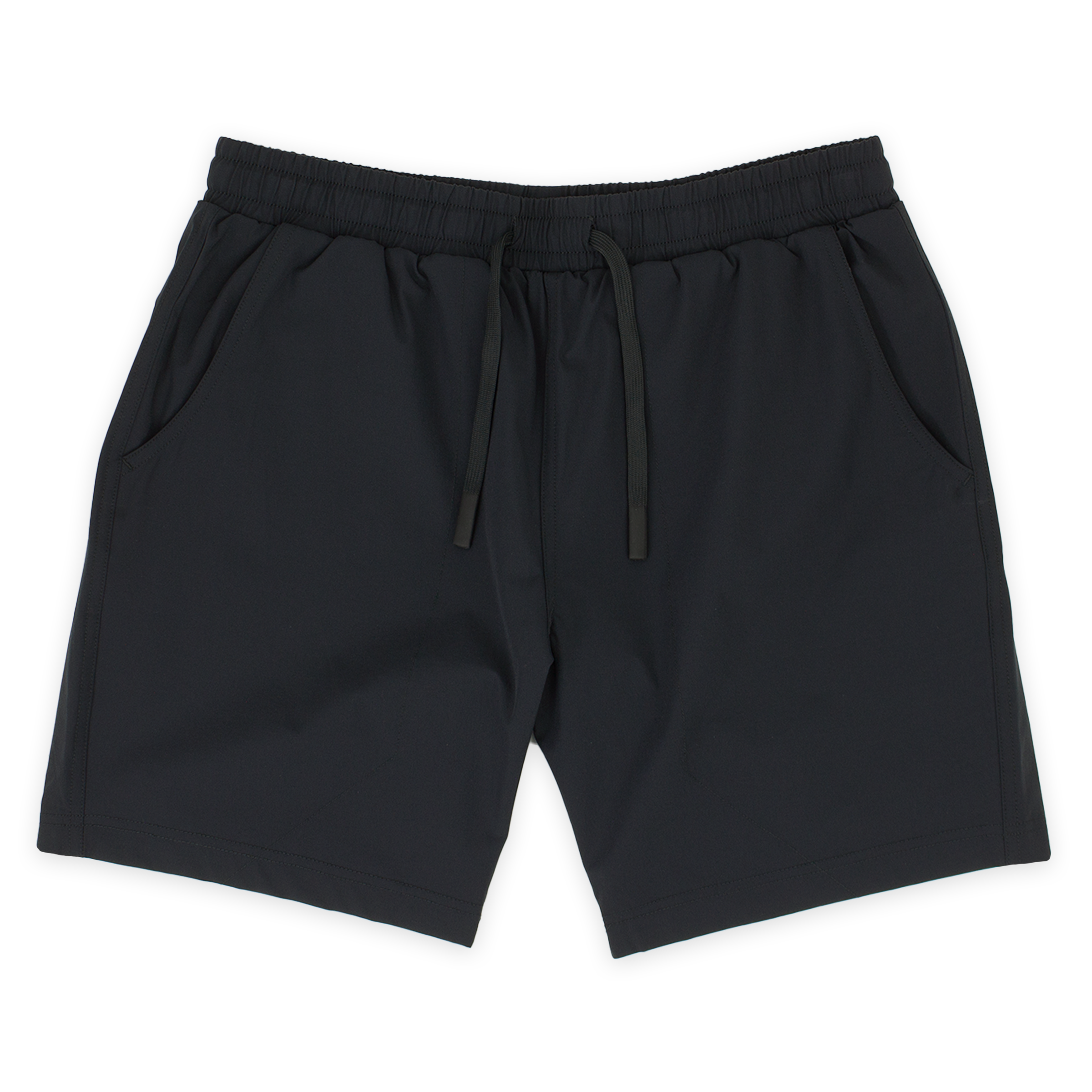 Base Short 7" Black front with elastic waistband, dyed-to-match flat drawstring with rubberized tips, and two seam pockets