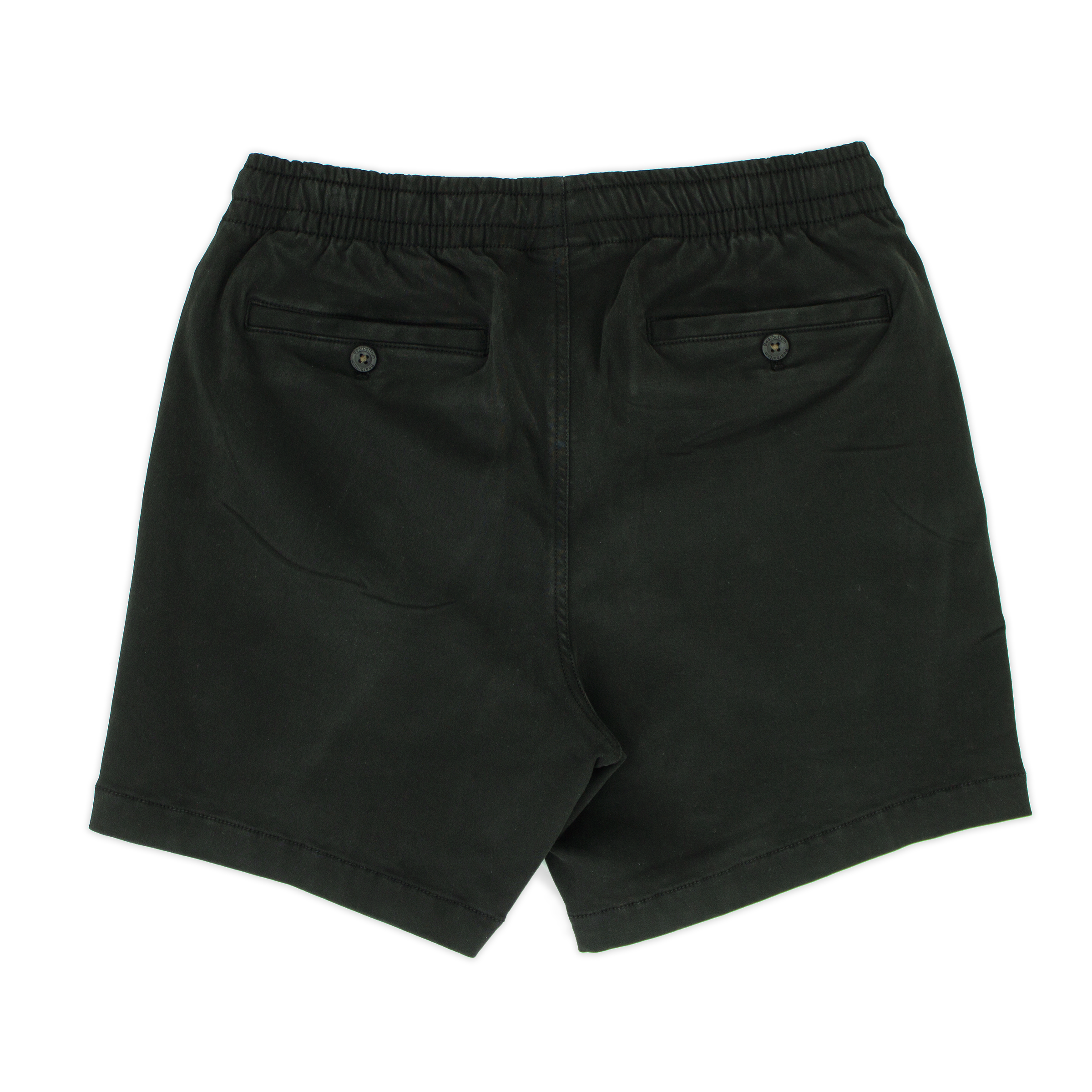 Alto Short 5.5" inseam in Black back with elastic waistband and two welt pocket with horn buttons