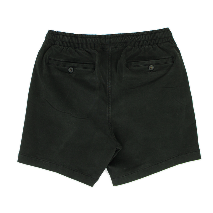 Alto Short 5.5" inseam in Black back with elastic waistband and two welt pocket with horn buttons