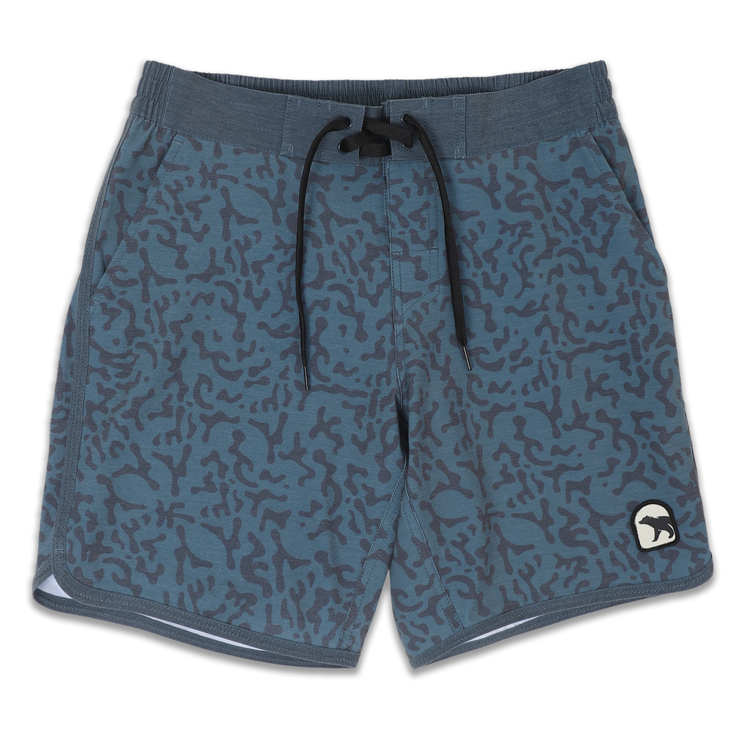 Board Short 8" Marsh print in blue with darker blue marsh pattern with flat front waistband and a black drawstring, elastic back waistband, and patch bear logo on bottom left leg