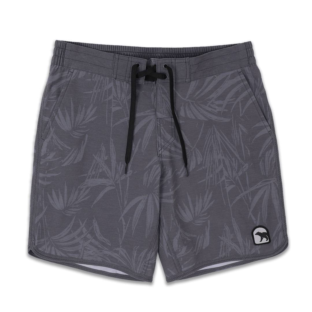 Board Short 8" Palms a grey print with lighter grey palm leaves with flat front waistband and a black drawstring, elastic back waistband, and patch bear logo on bottom left leg