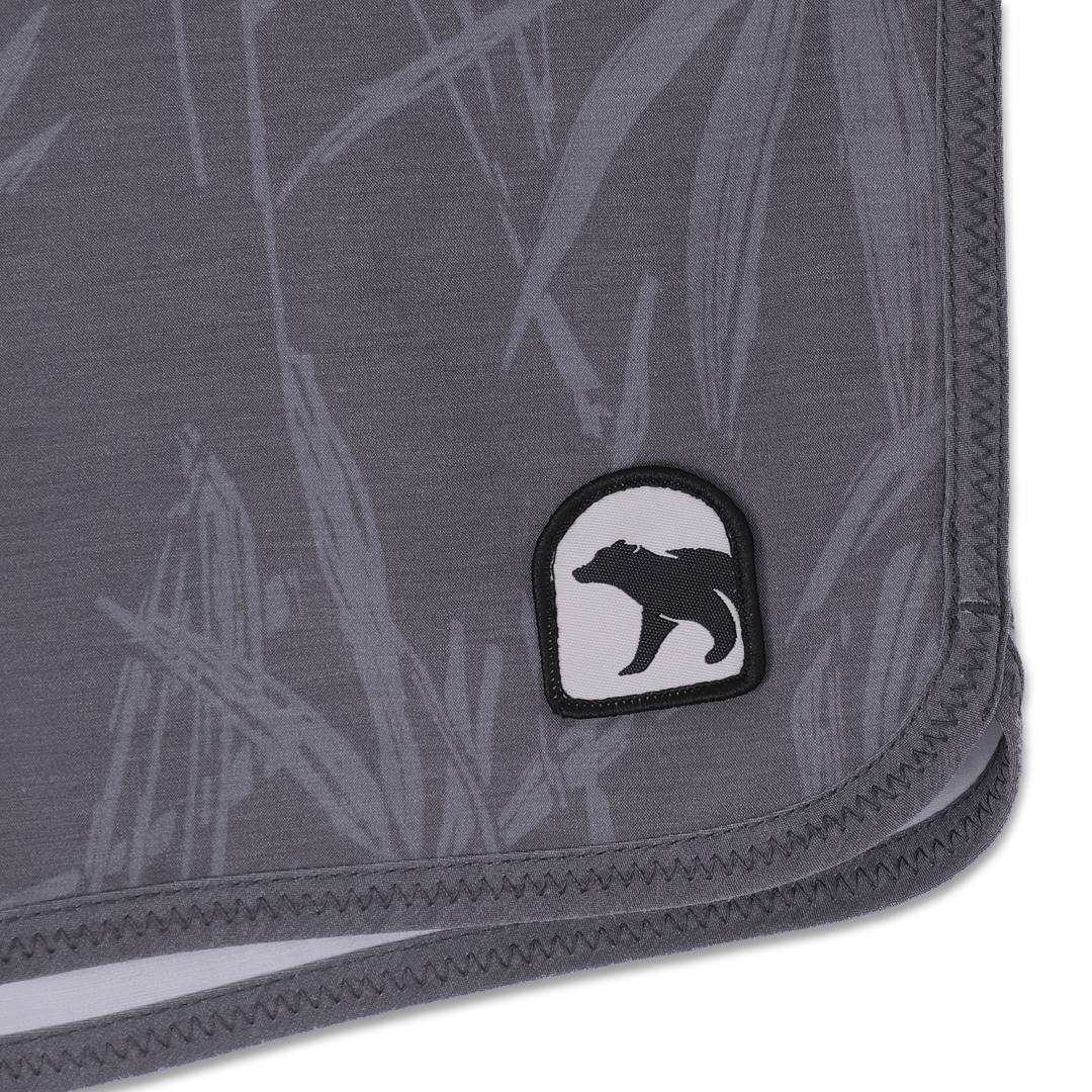 Board Short 8" Palms close up of Bear logo patch