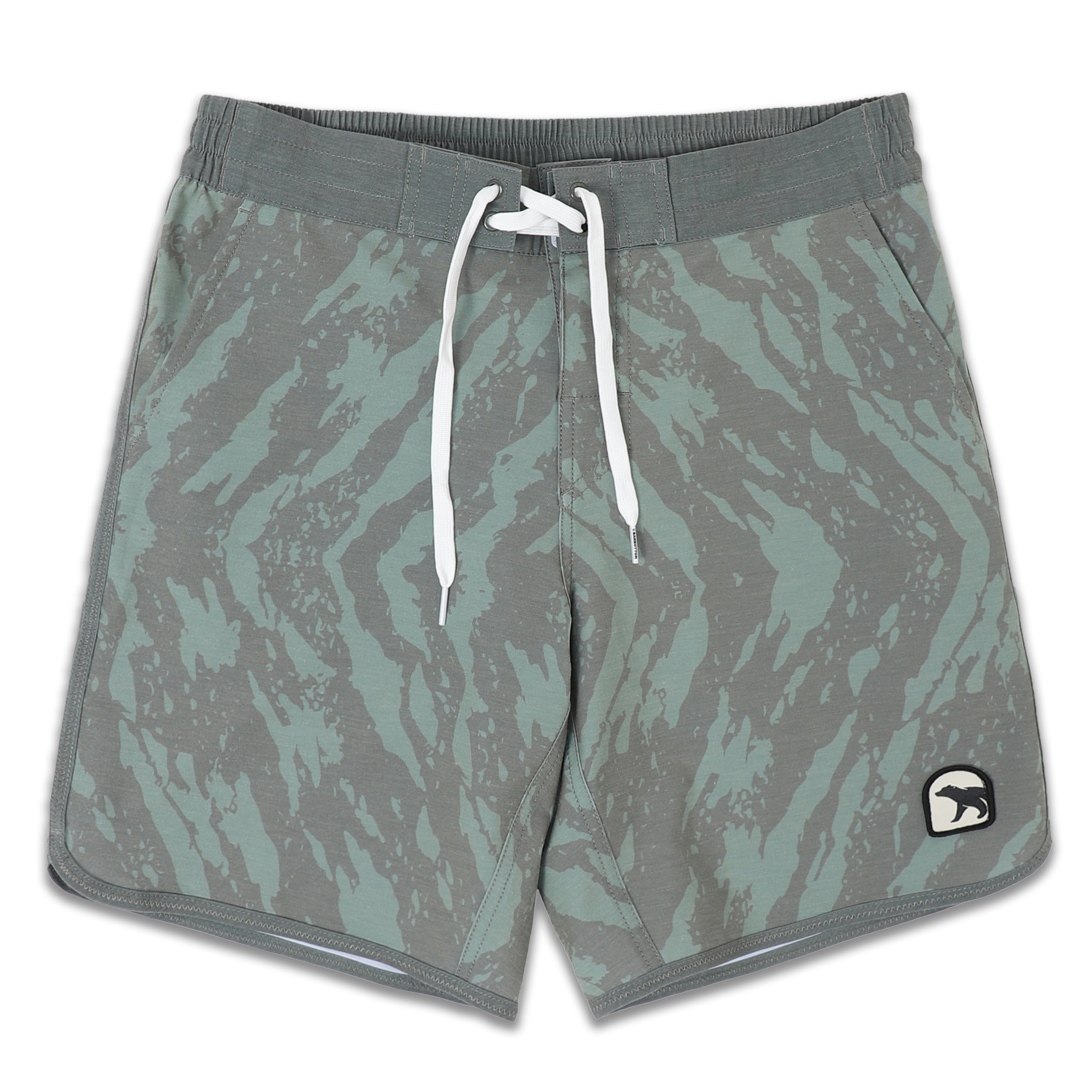 Board Short 8" Trail print in green with darker green splatters with flat front waistband and a white drawstring, elastic back waistband, and patch bear logo on bottom left leg