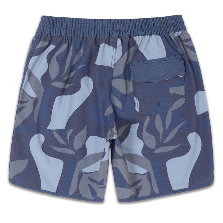 Board Short 8" Tropics back with elastic waistband and hook and loop flap pocket with rivet for drainage