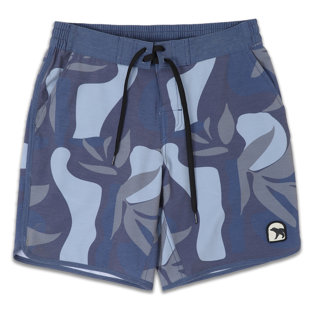 Board Short 8" Tropics print a blue, grey, and light blue large floral and palm print with flat front waistband and a black drawstring, elastic back waistband, and patch bear logo on bottom left leg
