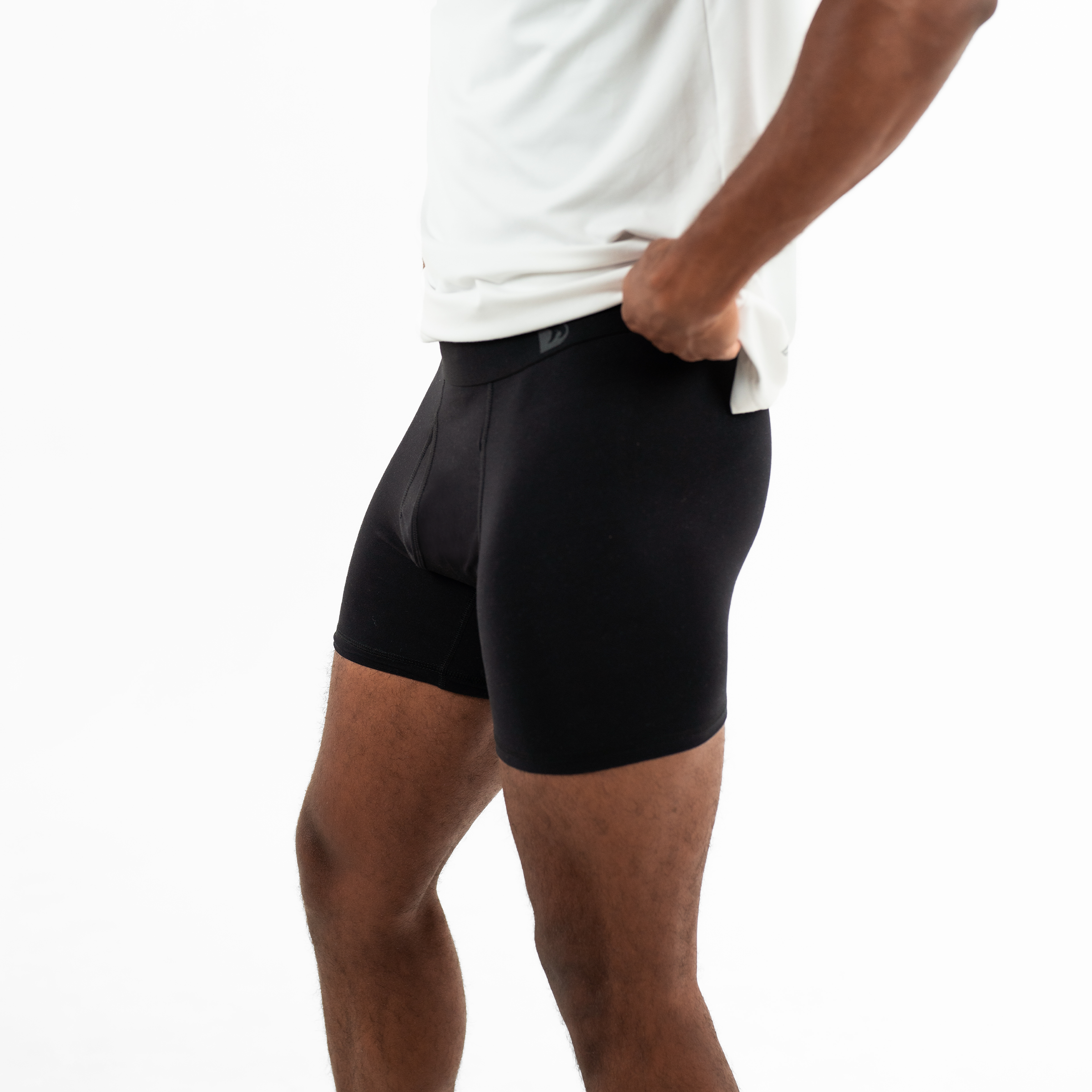 Modal Boxer Brief in Black side on model with elastic waistband with Bearbottom B logo and functional fly