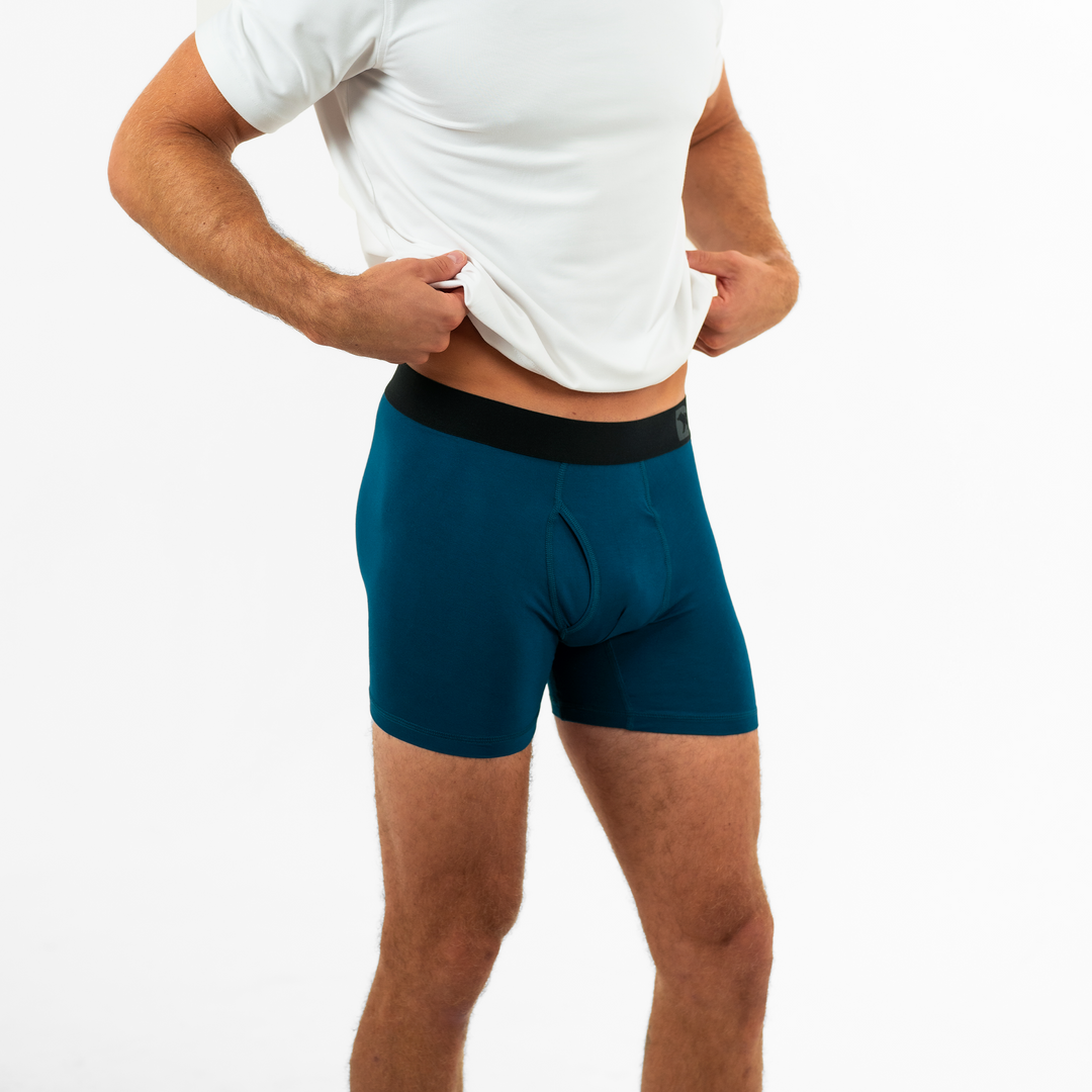 Modal Boxer Brief in Ocean blue side on model with elastic waistband with Bearbottom B logo and functional fly