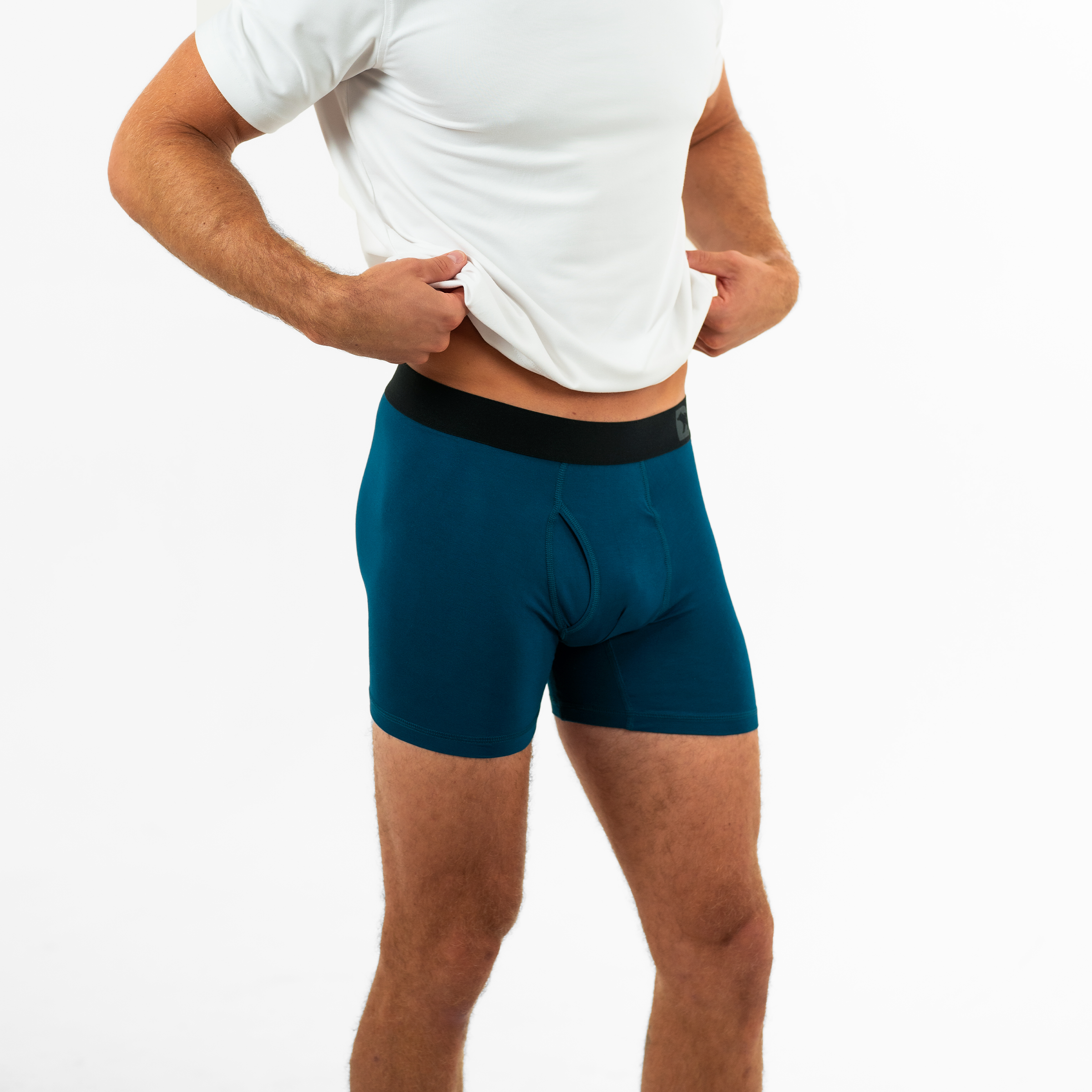 Modal Boxer Brief in Ocean blue side on model with elastic waistband with Bearbottom B logo and functional fly