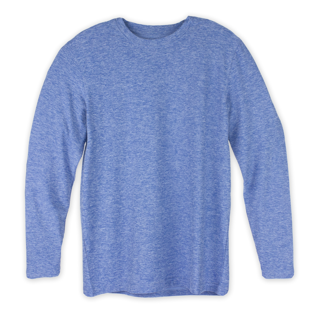 Long Sleeve Tech Tee Cobalt blue front with crewneck and heathered color