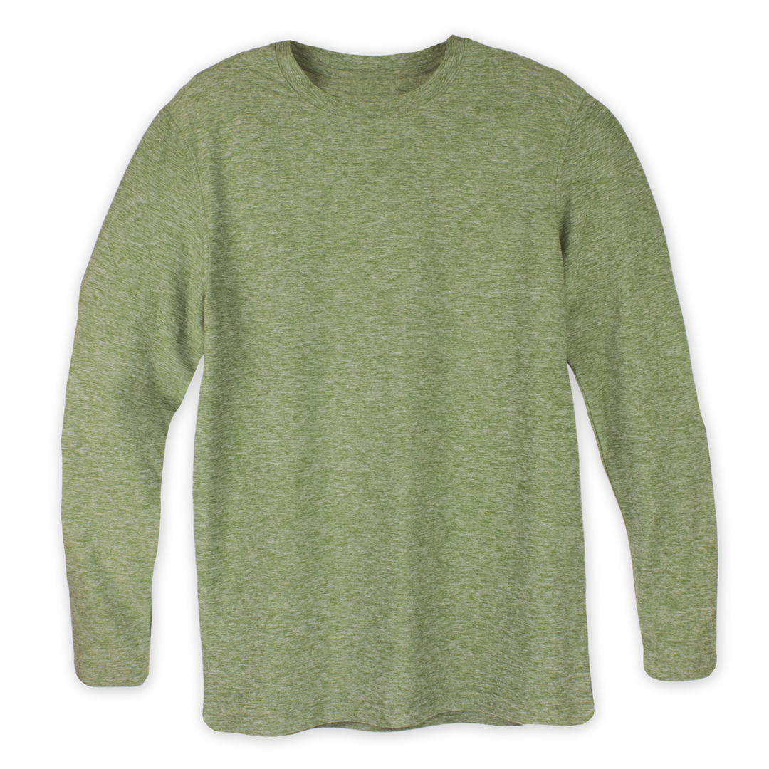 Long Sleeve Tech Tee Forest green front with crewneck and heathered color