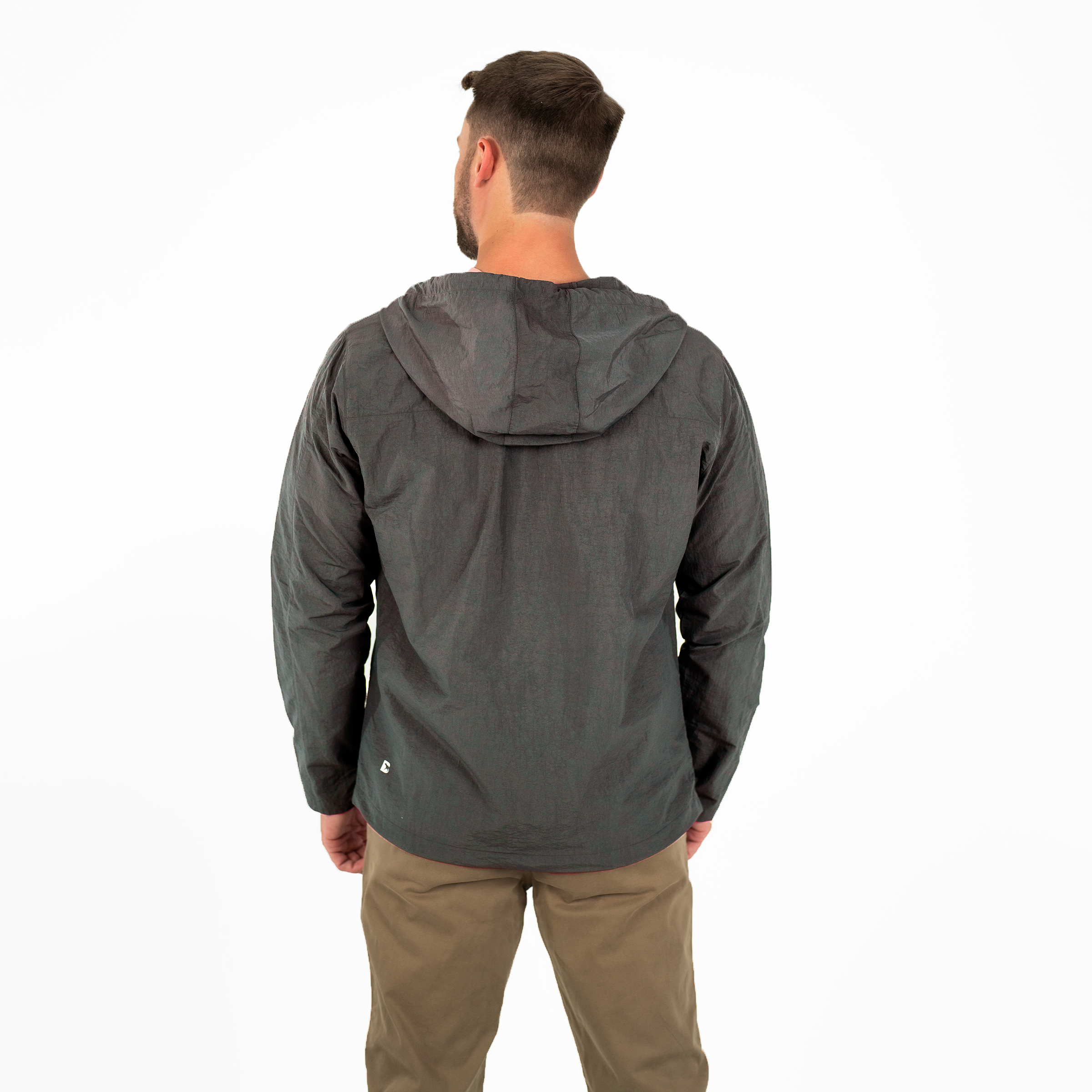 Windbreaker Jacket in Graphite grey back on model 