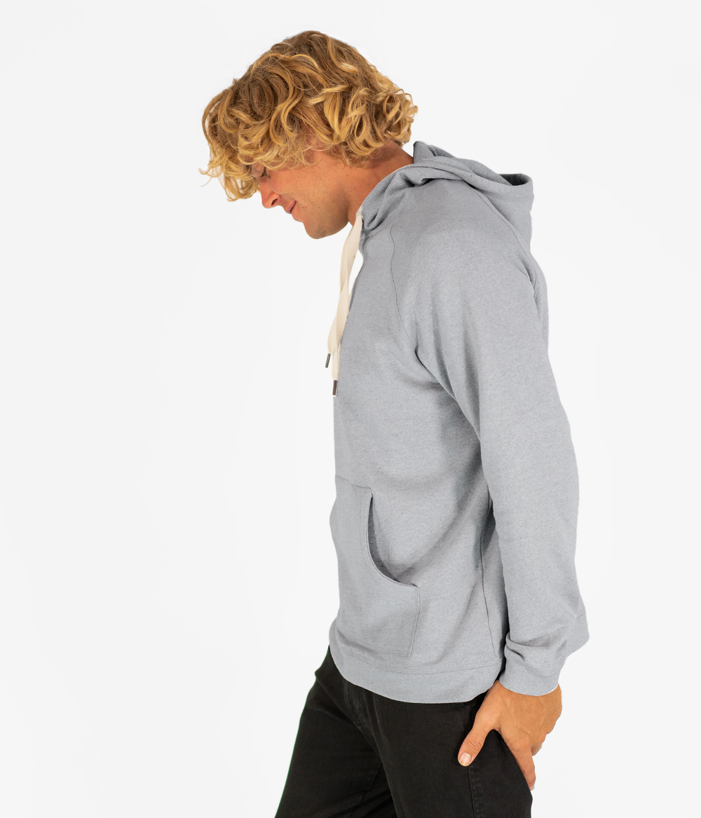 Organic Cotton Hoodie Sky Grey left on model