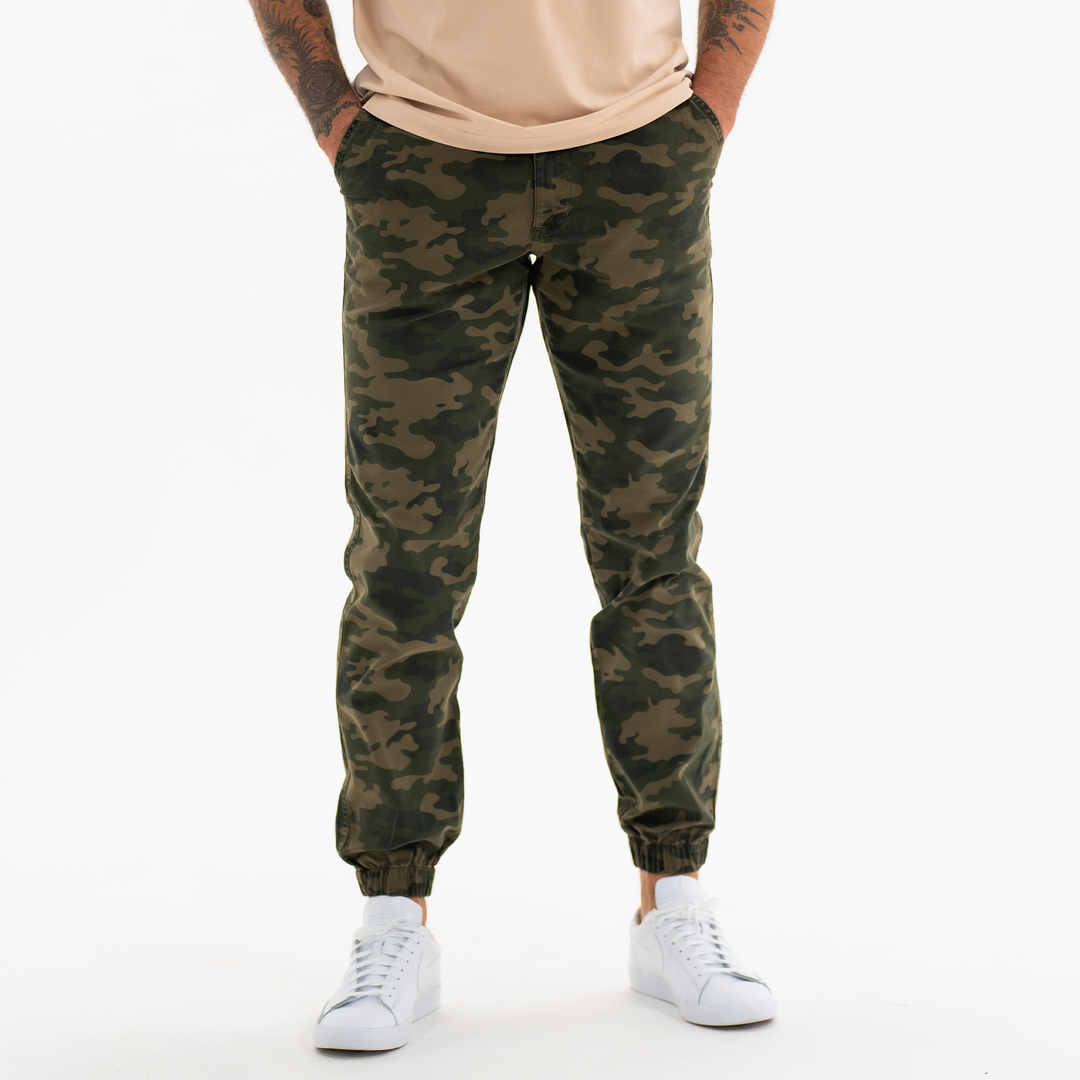 Stretch Jogger Jungle Camo on model with ribbed ankle cuff and two inseam pockets