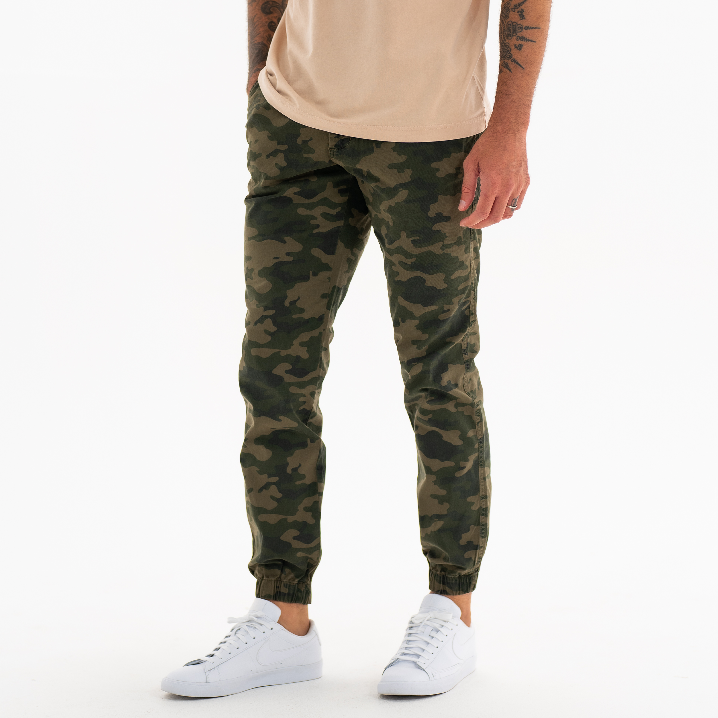 Stretch Jogger Jungle Camo on model photo 2with ribbed ankle cuff and two inseam pockets