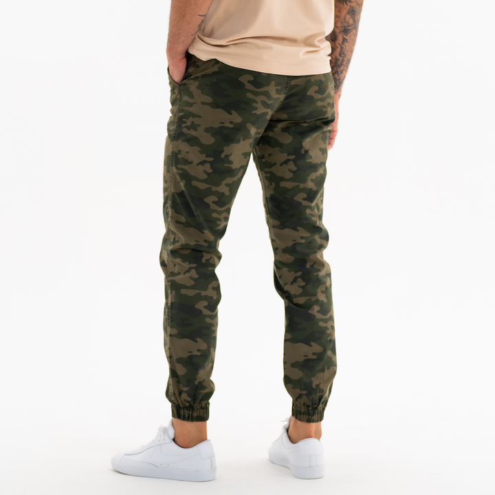 Stretch Jogger Jungle Camo back on model photo 4with ribbed ankle cuff and two back button pockets