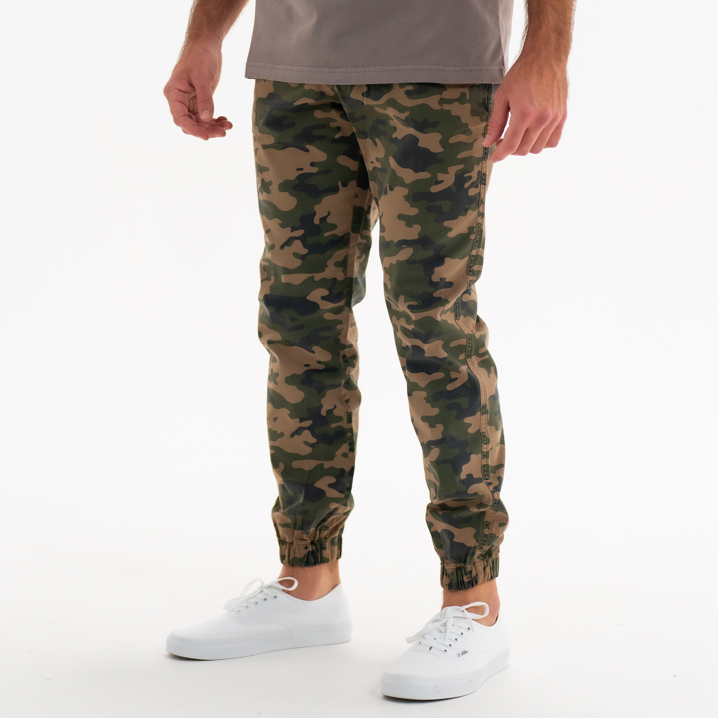 Stretch Jogger Woodland Camo on model photo 2 with ribbed ankle cuff and two inseam pockets