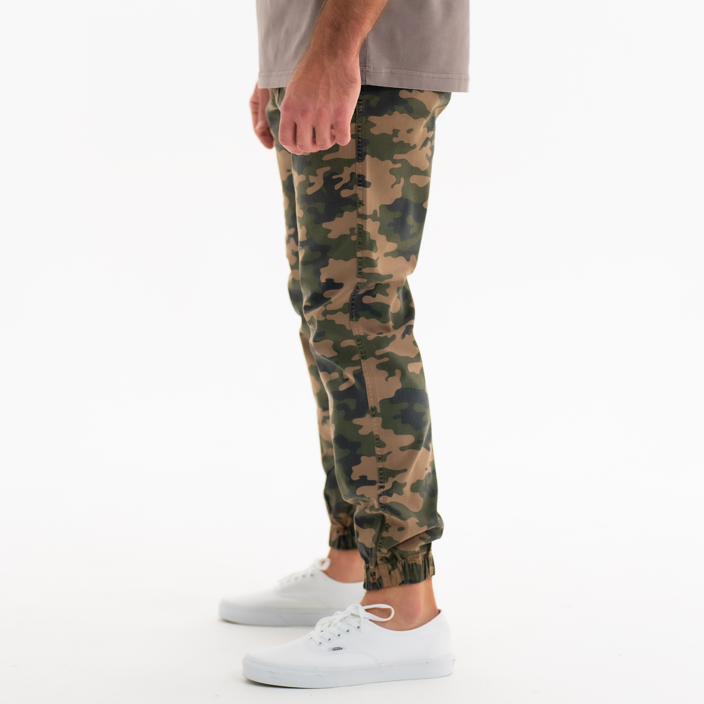 Stretch Jogger Woodland Camo on model photo 3 with ribbed ankle cuff and two inseam pockets