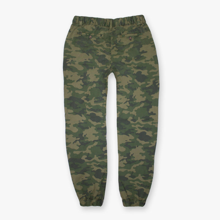 Stretch Jogger Jungle Camo back with belt loops, elastic waistband, zipper fly, ribbed ankle cuff and two buttoned back pockets