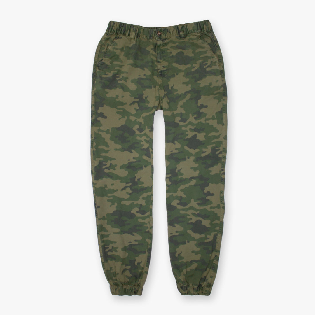 Stretch Jogger Jungle Camo with belt loops, elastic waistband, zipper fly, ribbed ankle cuff and two inseam pockets
